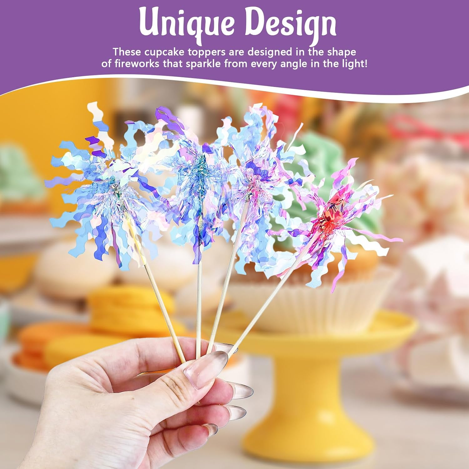 40 Pieces Colorful Firework Cupcake Toppers, Sparkle Tinsel Birthday Cake Decorations, Foil Frill Toothpicks for Christmas Wedding Party Graduation Ceremony Decor (Style 1) image number 3