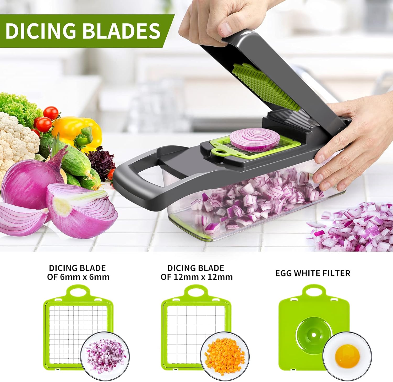 Senbowe Vegetable Chopper, Multifunctional 16-In-1 Food Choppers Onion Chopper Vegetable Slicer Cutter Dicer Veggie Chopper with 8 Blades,Colander Basket,Container for Salad Potato Carrot Garlic - Gray+Green image number 2