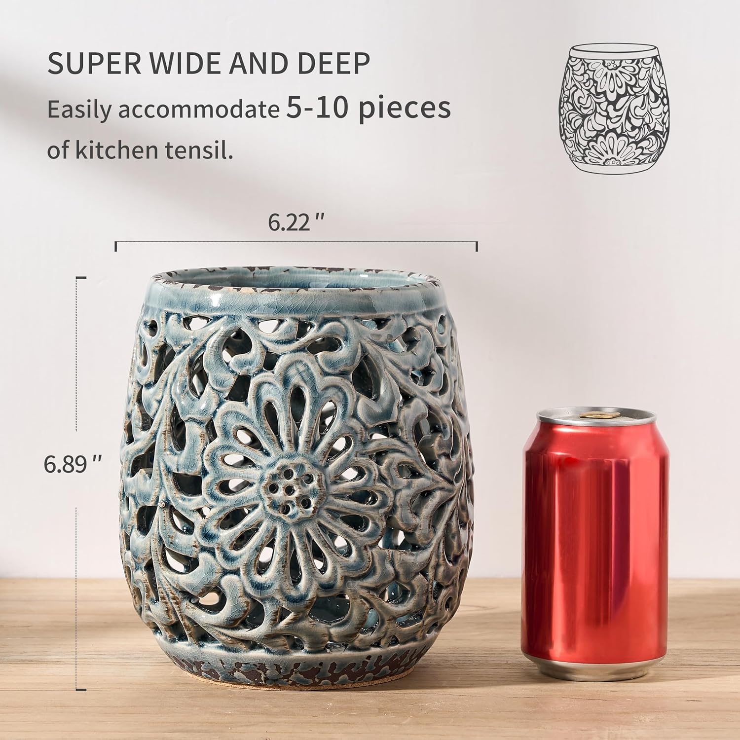 Farmhouse Kitchen Utensil Holder for Kitchen Counter, Ceramic Large Cooking Utensil Crock with Cork Mat, Countertop Cooking Tool Spatula Organizer, Antique Grayish Blue image number 3