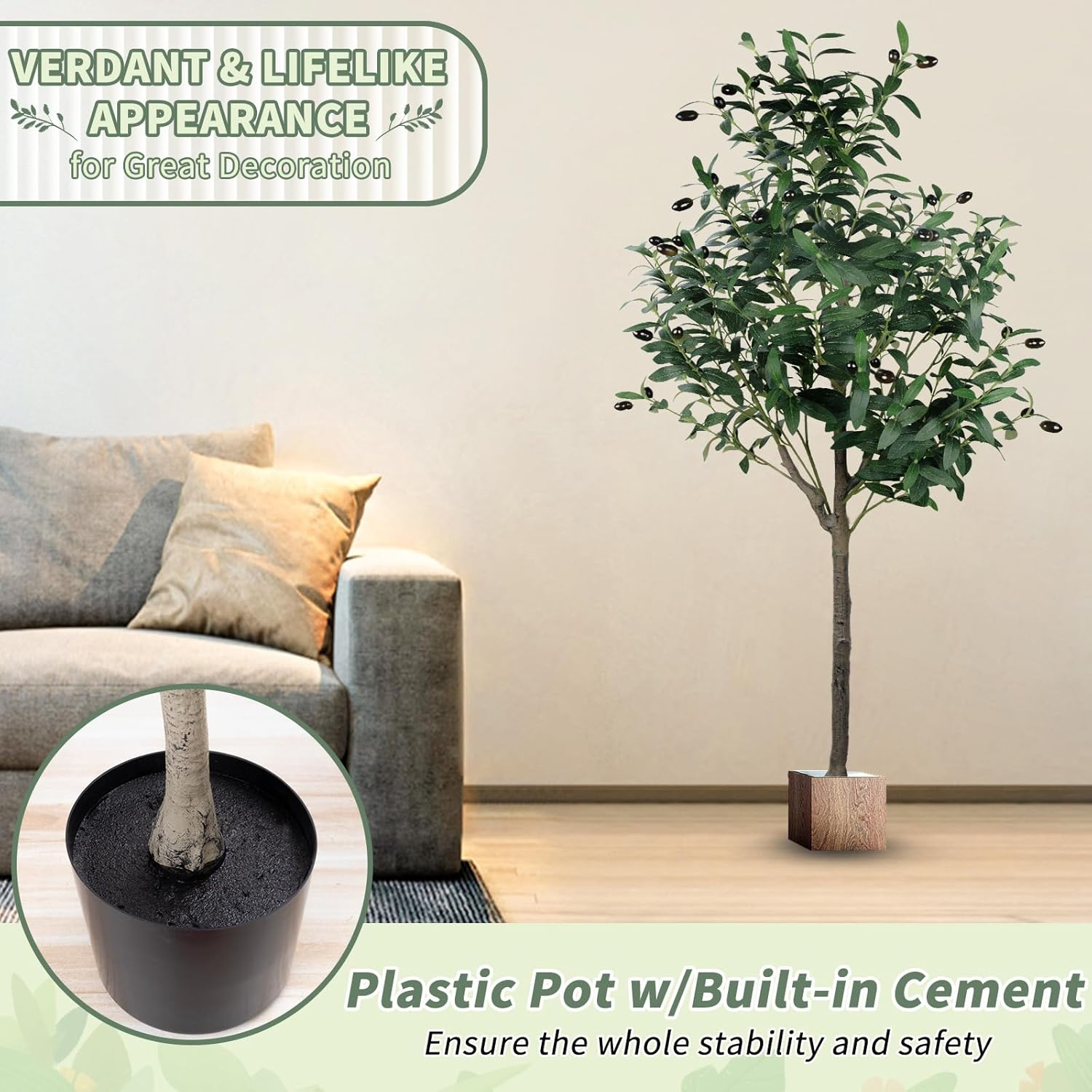 Artificial Olive Tree 5Ft/150Cm Tall Faux Silk Plant Large Fake Olive Potted Tree with Natural Wood Trunk and Lifelike Fruit for Home Office Decor Indoor with Plastic Planter - Artificial Olive Tree-5Ft/150Cm image number 2