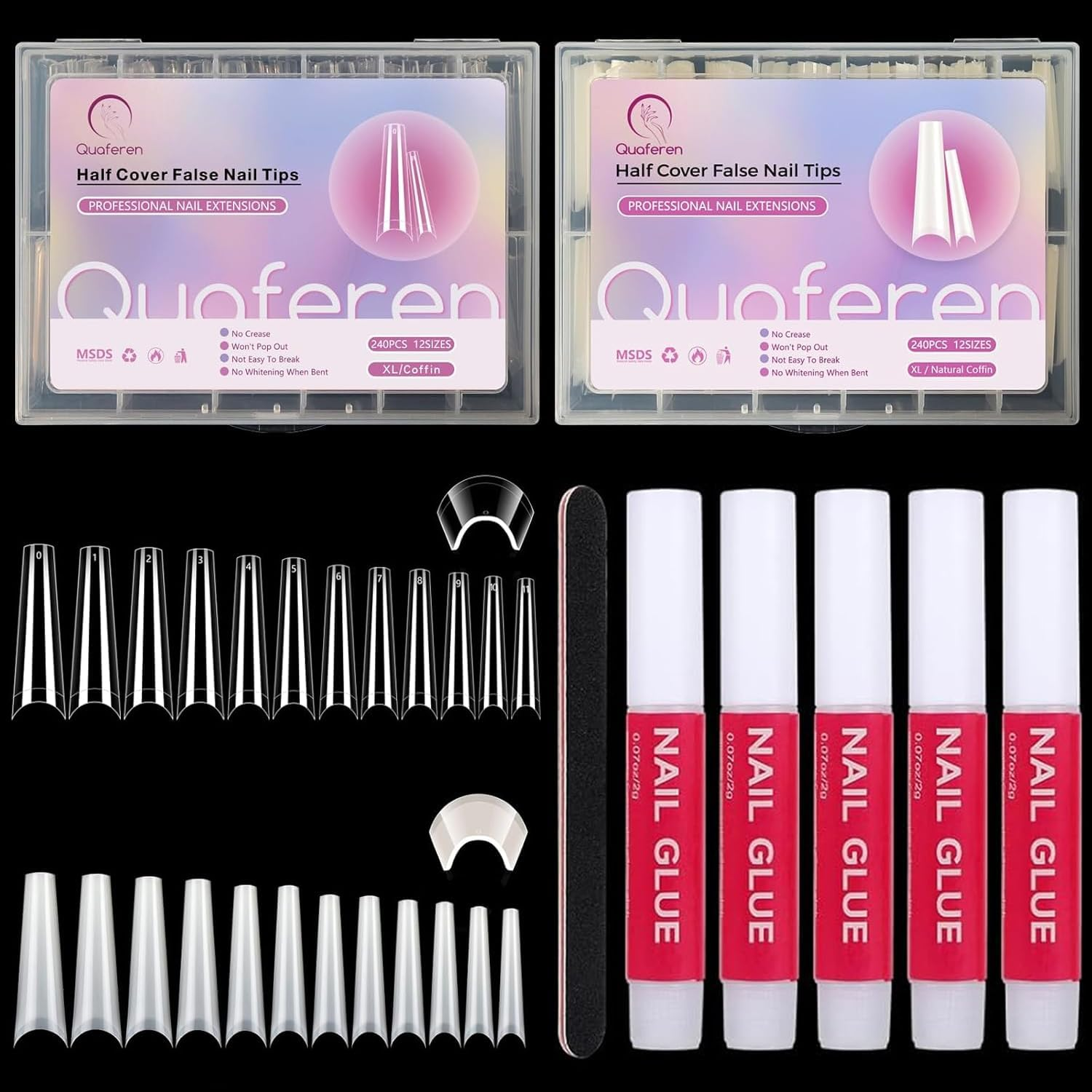 480PCS Coffin Nail Tips for Acrylic Nails Professional Set, XXL Extra Long Acrylic Nail Tips and Glue Set, Half Cover Natural & Clear Coffin Nails Tips, Nail Kit with Nail Clippers Glue image number 5