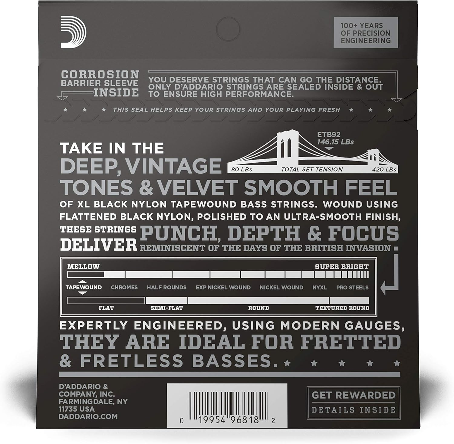 D'Addario ETB92 Tapewound Electric Bass Guitar Strings - Fits Long Scale 4 String Basses with Scale Length up to 36.25 Inches - Medium, 50-105, Long Scale image number 3