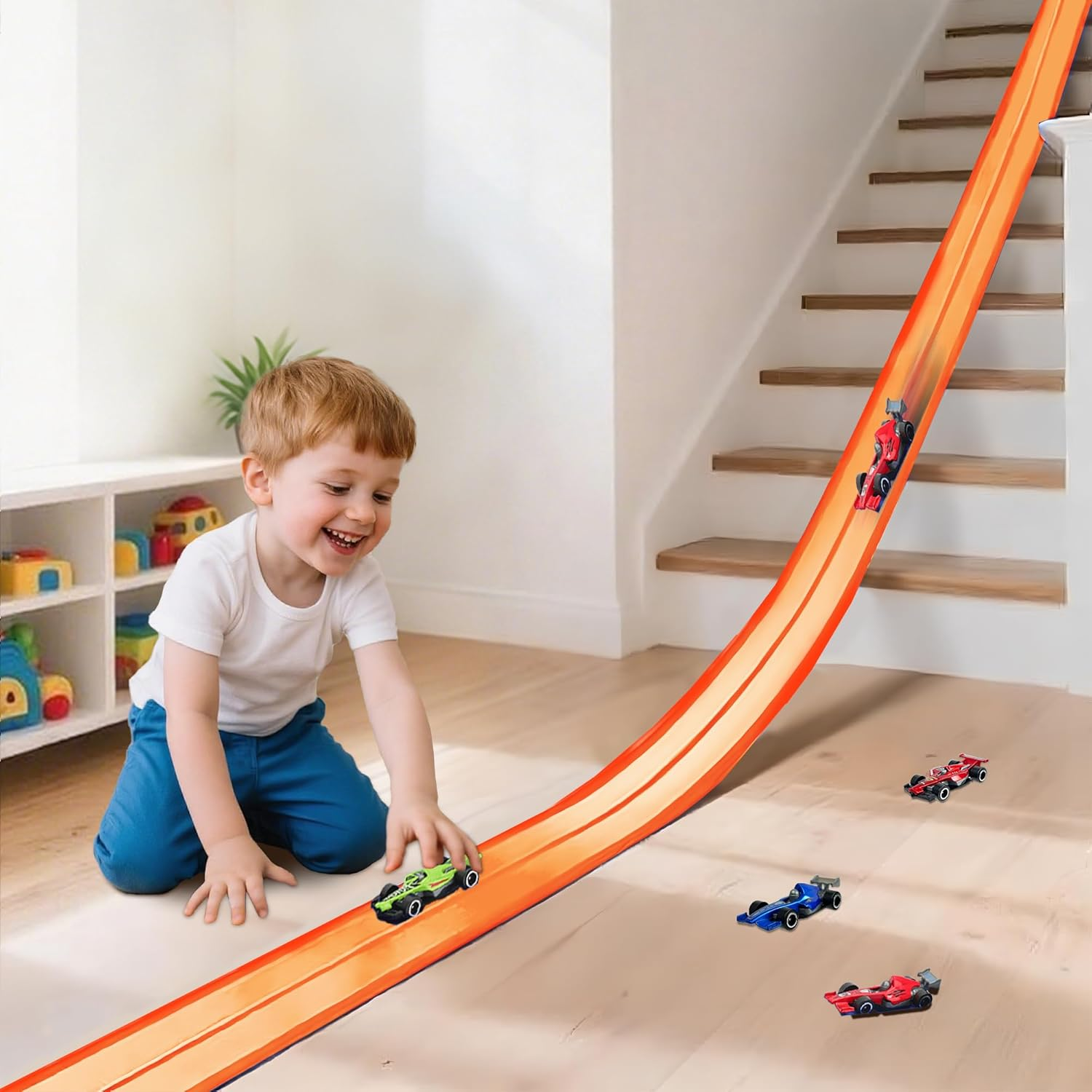 OMIPAWZ 15 Ft / 450 Cm Double Sided Flexible Race Track Set with 6 Toy Cars for Kids (Orange) image number 6