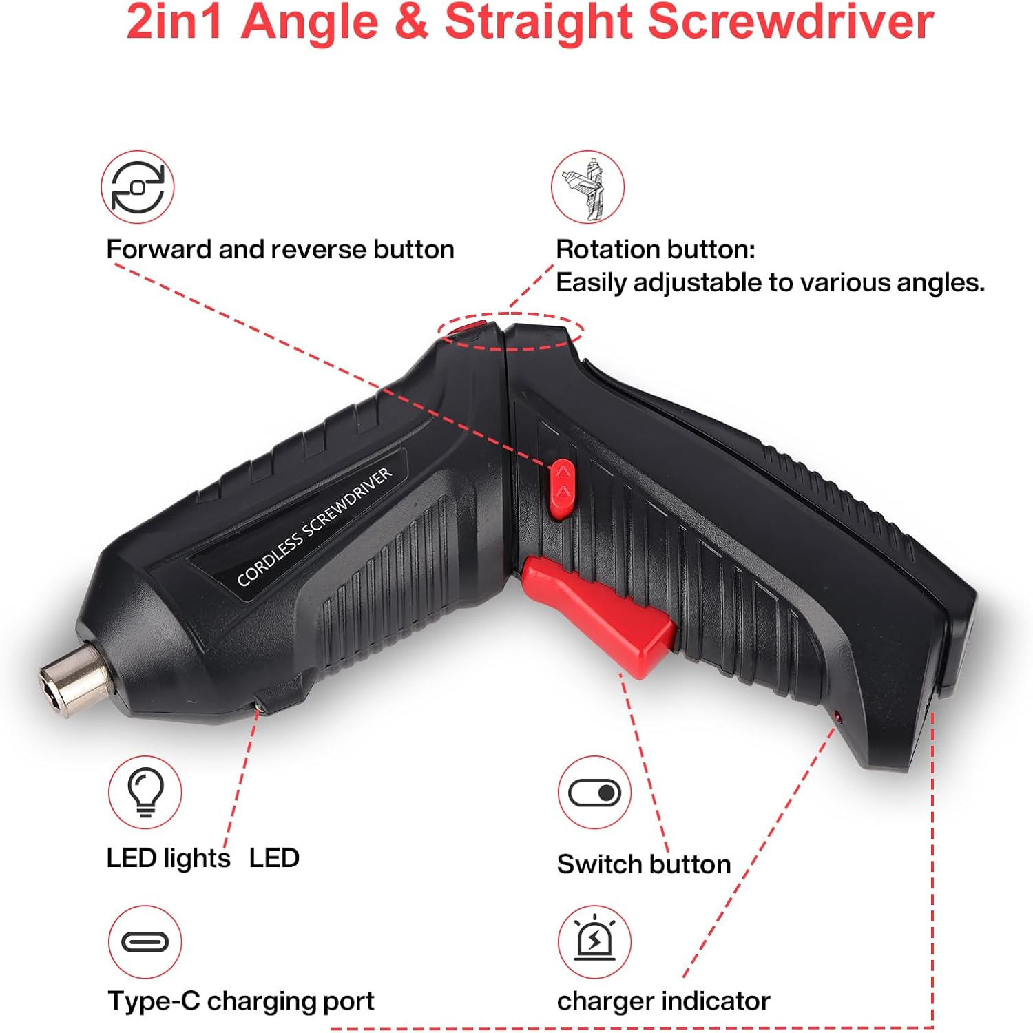 Enginer Cordless Screwdriver Kit: 3.6V Type-C Rechargeable, Led-Arbeitslicht + Taschenlampe, Lightweight, Multi-Purpose Tool for Home DIY, Furniture Assembly, Wood/Tile/Glass Repair image number 5