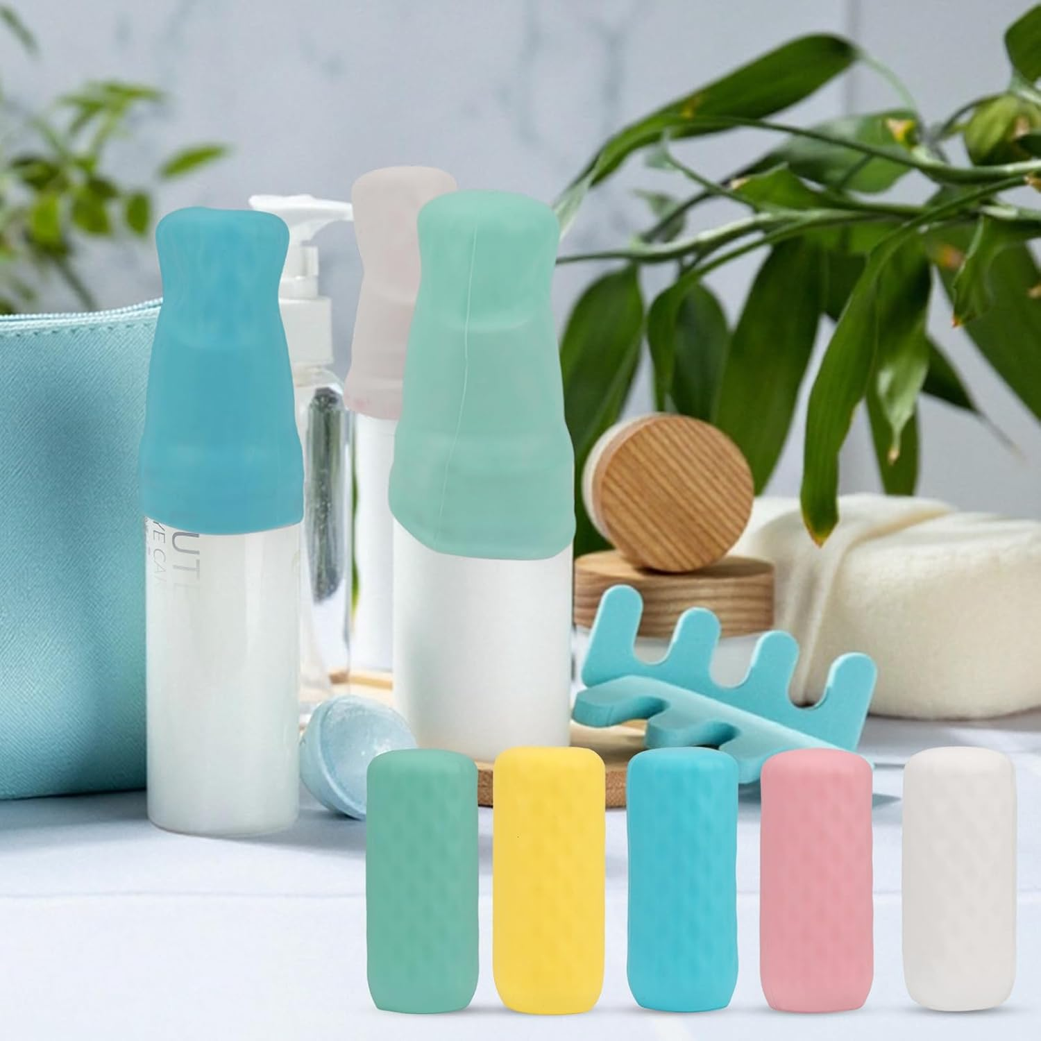 Fiohiros 10 Pack Silicone Bottle Covers, Travel Essentials for Women Men, Cruise & Plane Travel Accessories, Leak Proof for Shampoo, Lotion, Cosmetics, Fit Most Travel Size Bottles, 5 Colors image number 3