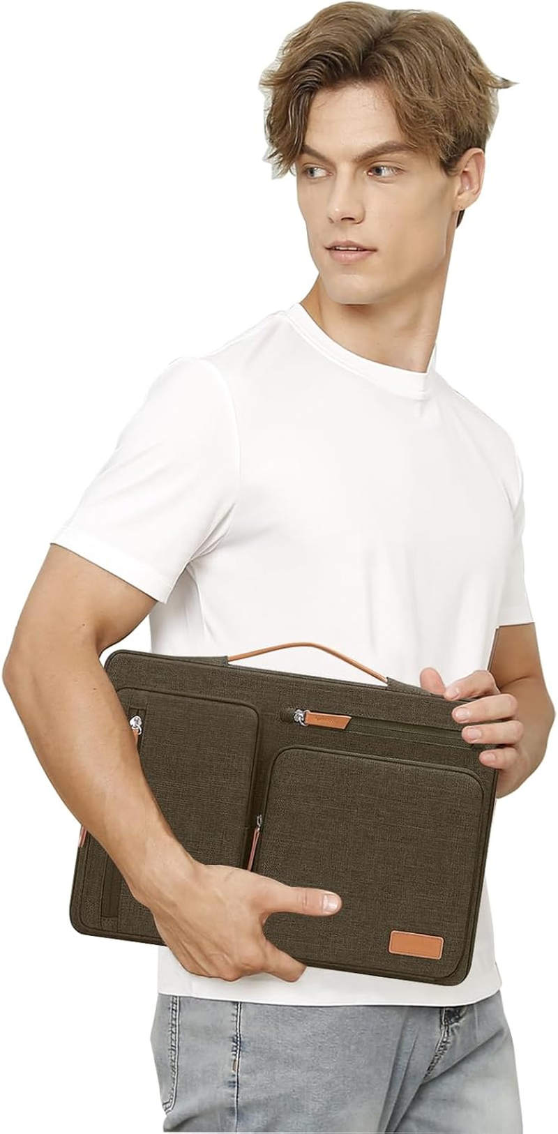 MOSISO 360 Protective Laptop Sleeve Compatible with Macbook Air 15 Inch M3 M2 2024 2023 / Pro 15 A1990 A1707, Surface Laptop, HP Stream 14, Side Open Bag with 4 Zipper Pockets&Handle, Carob Brown image number 5