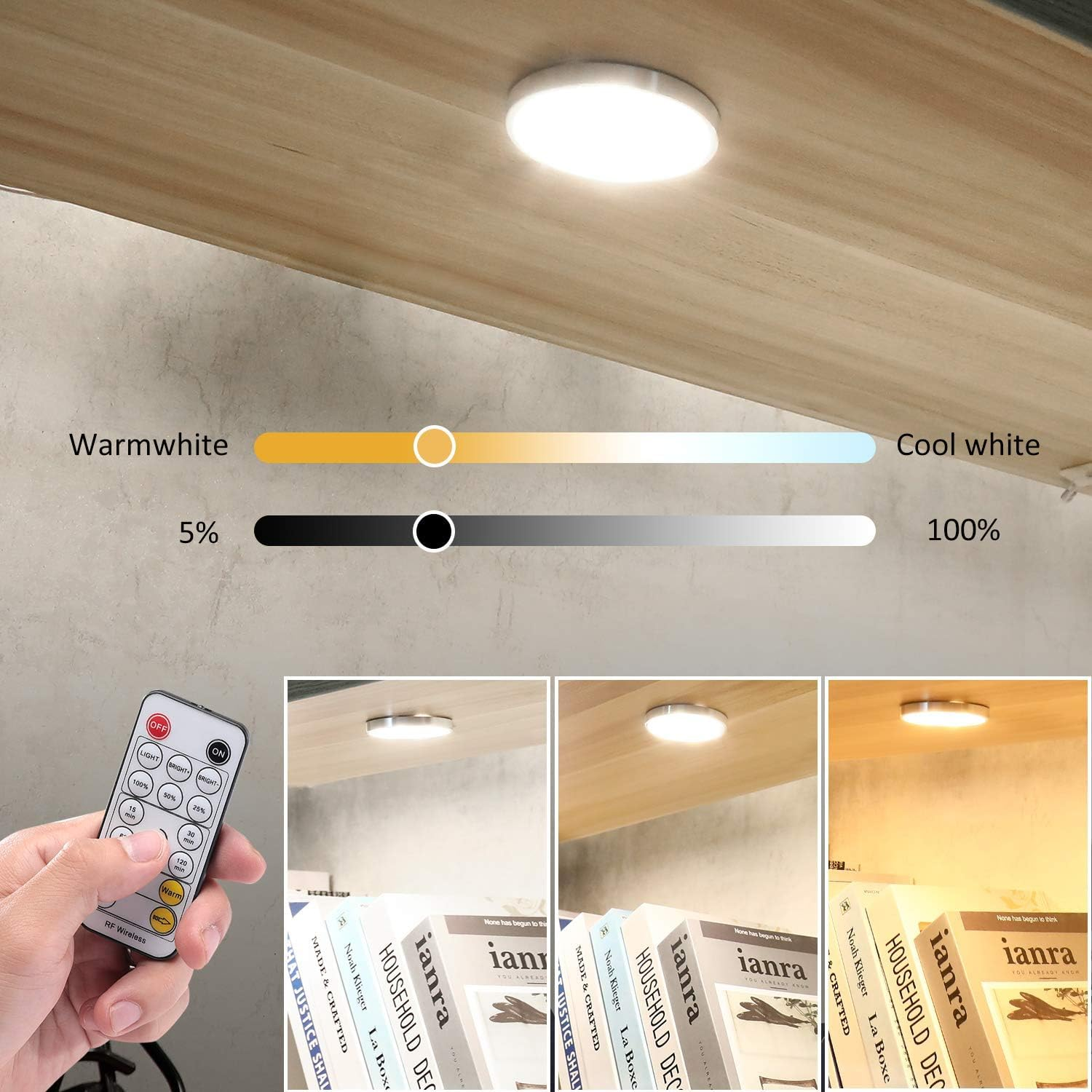 AIBOO LED under Cabinet Puck Lights CCT Light Color Temperature Adjustable Warm+White Double Color with Dimmable RF Remote Controller for Kitchen Shelf Ambiance Display Lighting (8 Lights, 24W) (8) image number 4
