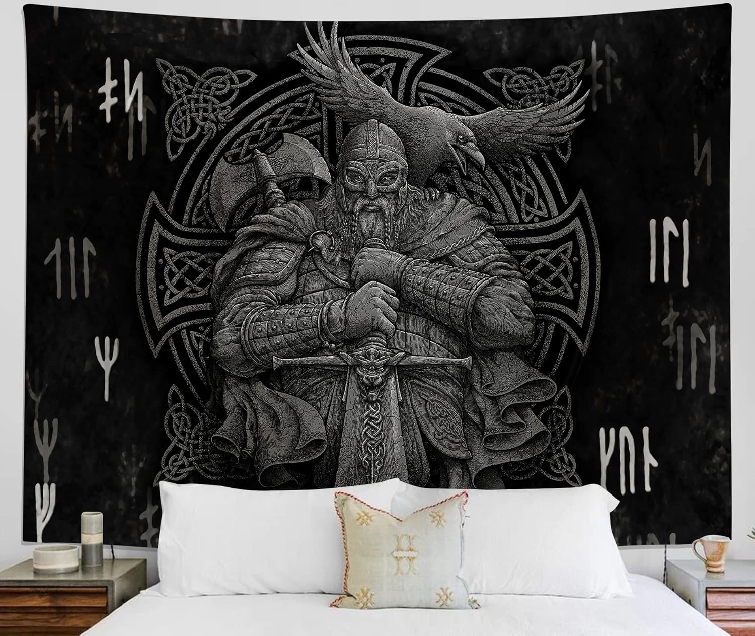 ST Soleme.Tc Norse Viking Tapestry Odin Warrior Sword Axe Raven Tapestries Square Knot Tattoo Wall Hanging Nordic Meditation Runes for Men Bedroom Aesthetic Gothic Room Home Decor 59" X 51" image number 2