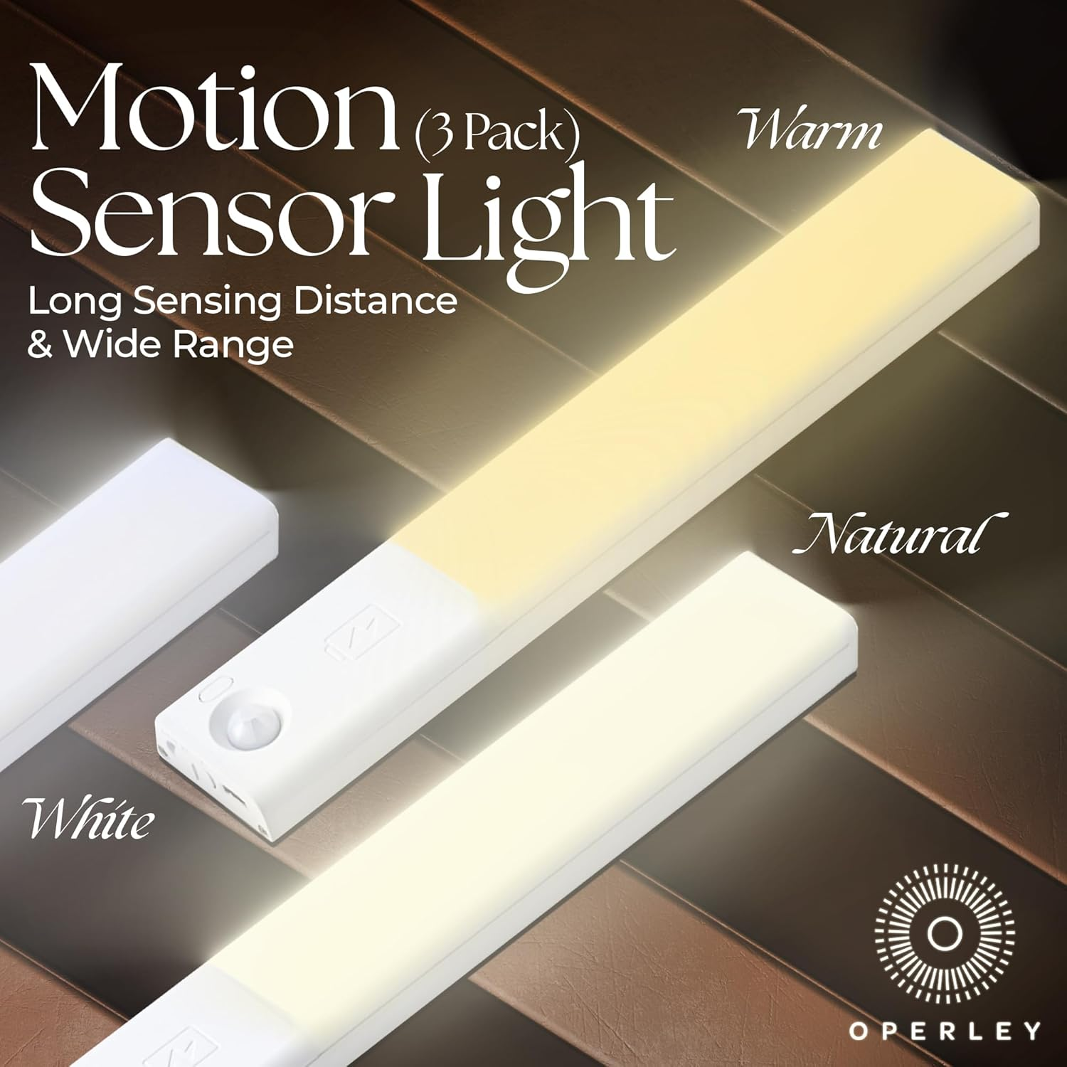 Operley Rechargeable under Cabinet Lighting 3 Pack with Charging Station, Motion Sensor LED Light Bars,1200Mah, 3 Color Temps Warm Cold Natural, Dimmable for Kitchen & Closet image number 2