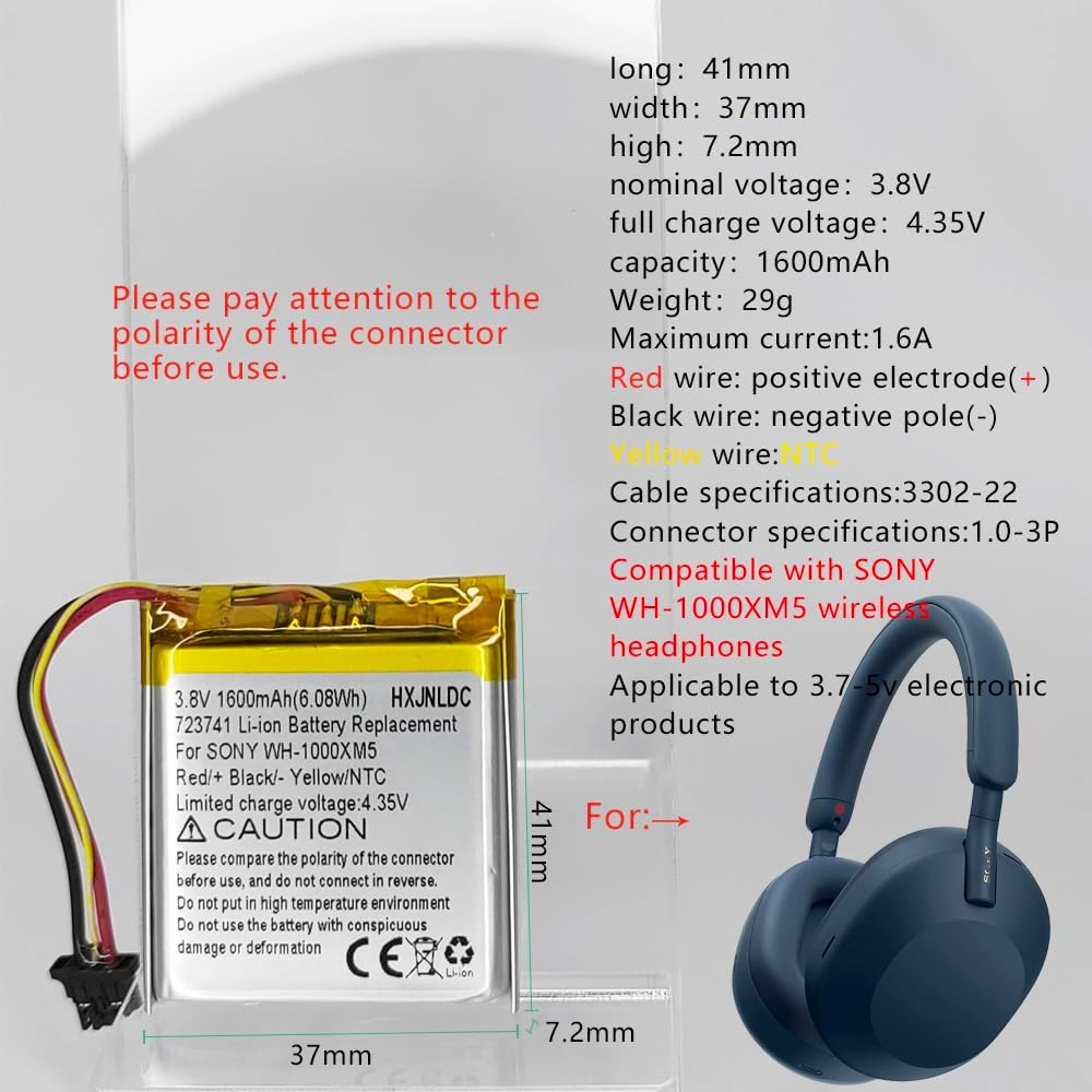 DC 3.8V 1600Mah Lithium Battery Replacement for Sony WH-1000XM5 Bluetooth Wireless Noise Canceling Stereo Headset 723741 image number 6