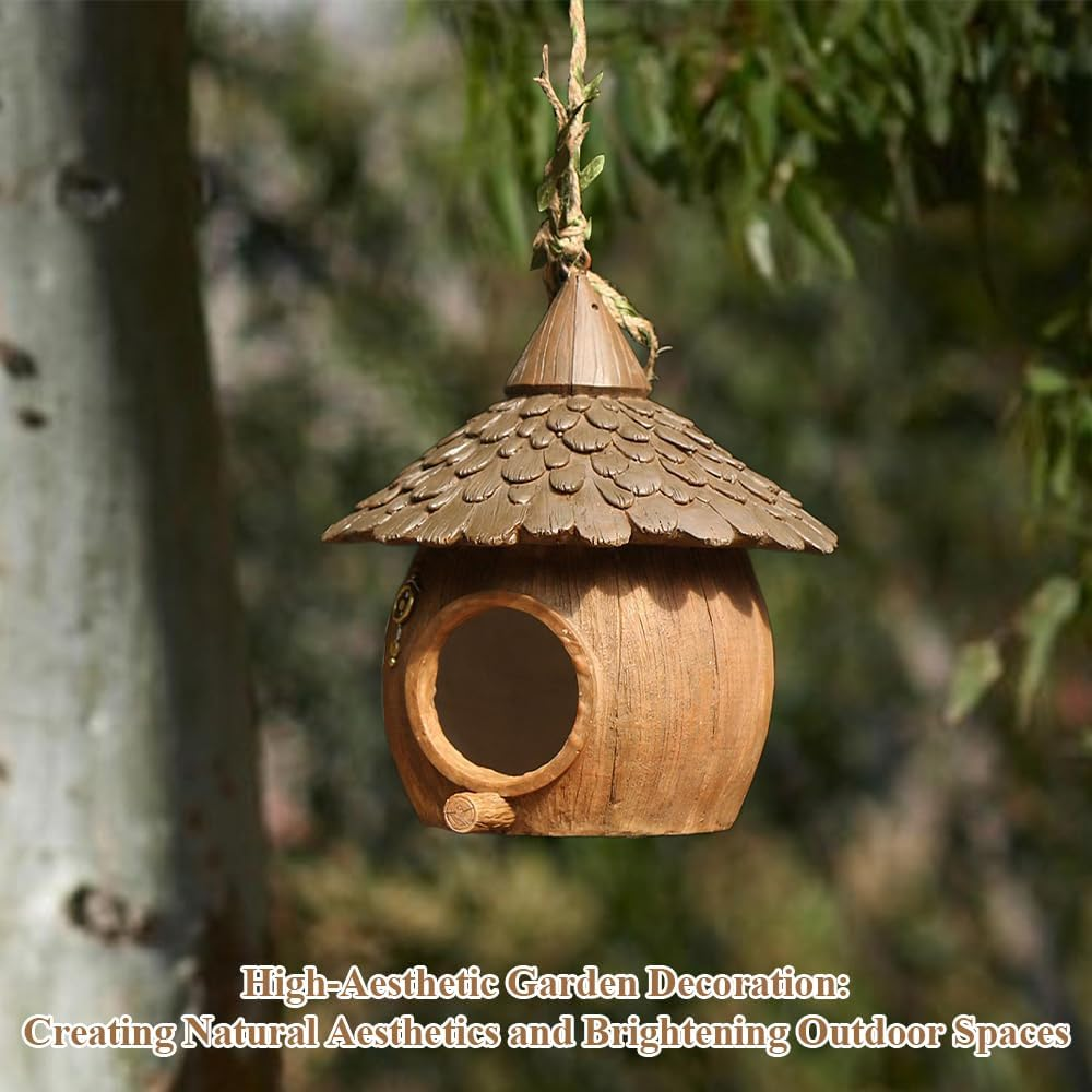 Hanging Birdhouse,Outdoor Hanging Resin Birds House, Small Nesting Box, Finches Rest Nest, Coconut Shape Garden Decor, with Rope, for Balcony, Tree, Courtyard