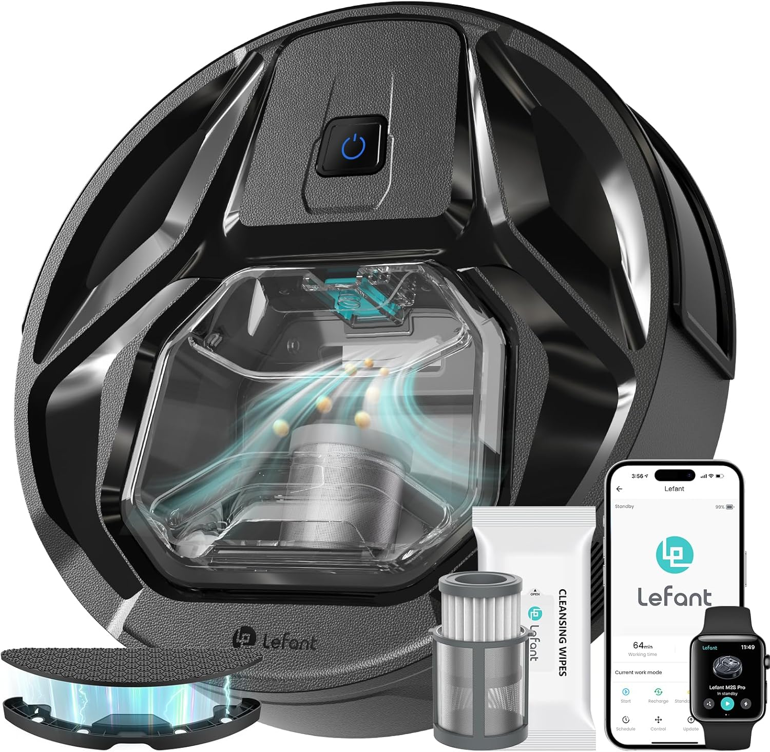 Lefant M320 Robot Vacuum Cleaner, 6000Pa Strong Suction, 210Min Runtime, Self-Charging, 800Ml Visible Dustbin, Compatible with Alexa, Ideal for Pet Hair & Hard Floors & Carpets, Black