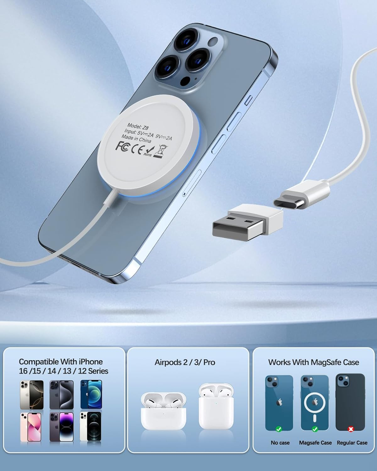 Magnetic Wireless Charger 15W Mag-Safe Charger for Iphone 16 Pro Max/16 Pro/16/16 Plus/15/14/13/12 Series Airpods 3/2/Pro/Pro 2 LED Magnet Charging Pad Mag Safe Charger with Dual Charging Ports image number 5