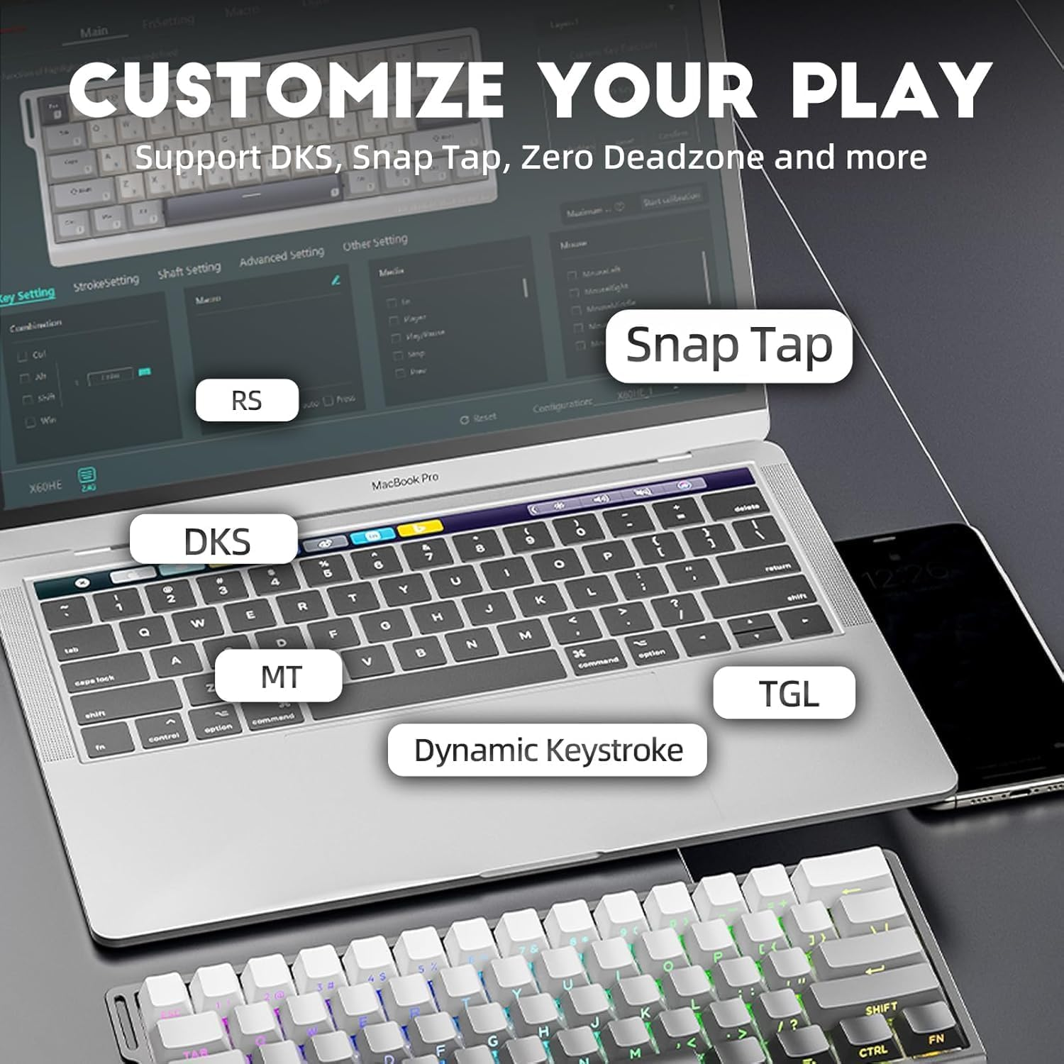 MAMBASNAKE X60 HE 60% Bt/2.4G/Wired Tri-Mode Gaming Keyboard Adjustable Actuation,Rapid Trigger Magnetic Switch Mechanical Keyboard,Rgb Backlit,8Khz Polling Rate with Coiled Cable for Pc/Mac-Moonlight