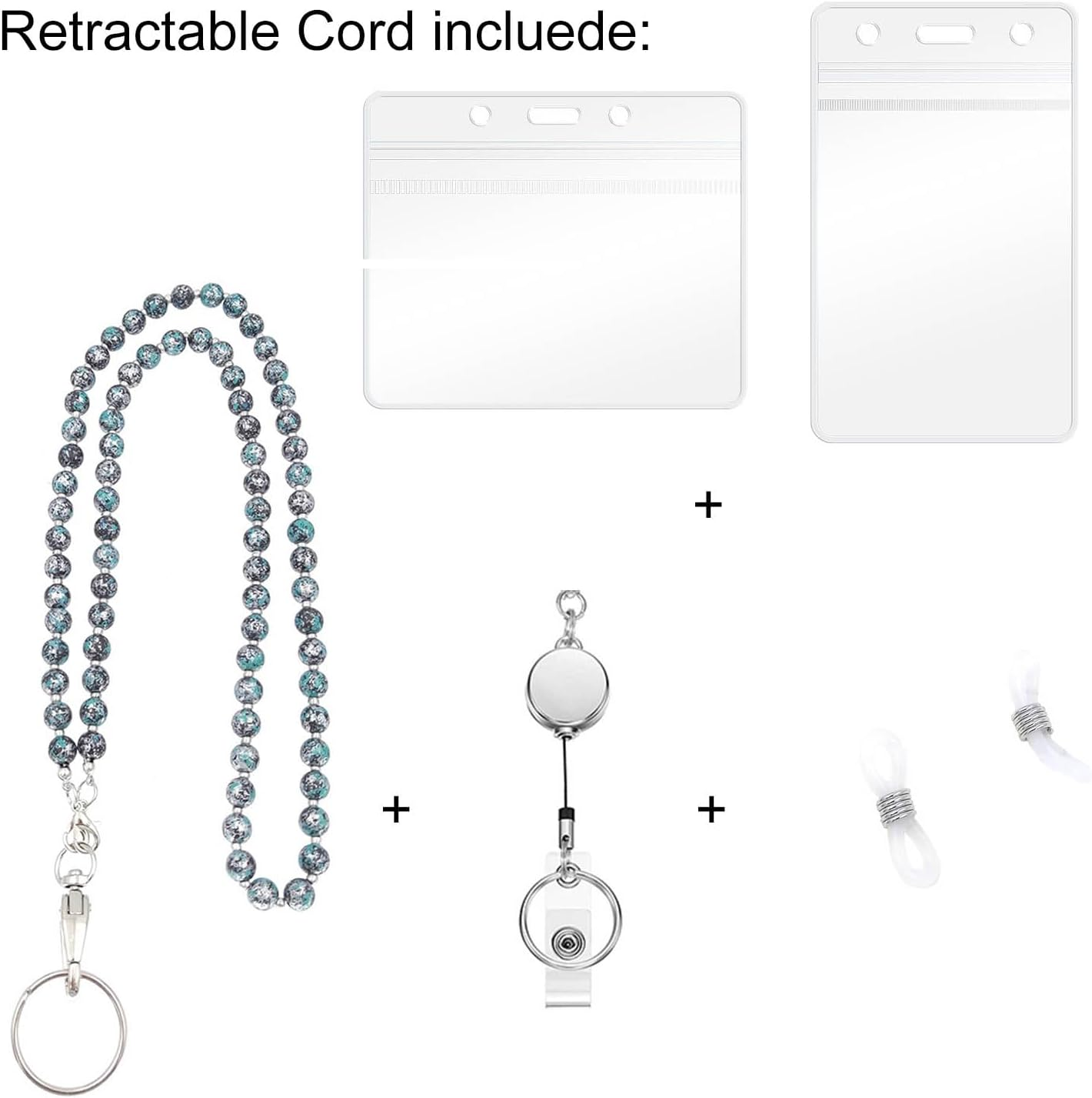 LABUBU Lanyard for ID Badges Holder, Beaded Cute Lanyard for Keys Neck Lanyards for Glasses Chain Strap for Women (Turkish Silver and White Bicolor Set)