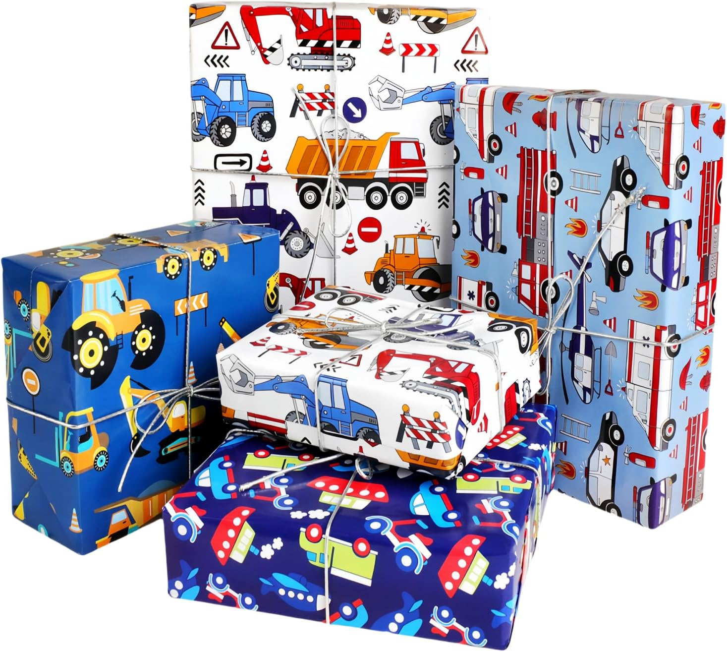 ZCOINS 4 Sheets 70 X 50CM Vehicle Wrapping Paper for Kids Mens Police Car Ambulance Fire Truck and Helicopter Emergency City Rescue Theme Transport Gift Paper Bulk for Birthday Party DIY Crafts Supply