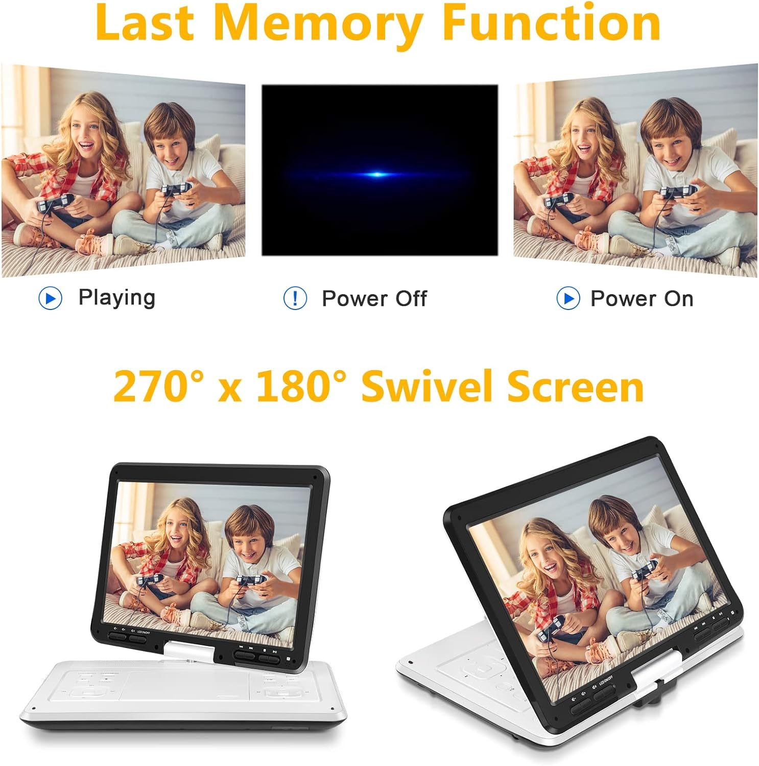 Hothat 16.9'' Portable DVD Player with 6 Hrs Battery, 14.1'' HD Swivel Screen DVD Player Portable, New Screen Button Design, High Volume Speakers, Support Sync Tv/Region Free/Multiple Discs, White image number 4