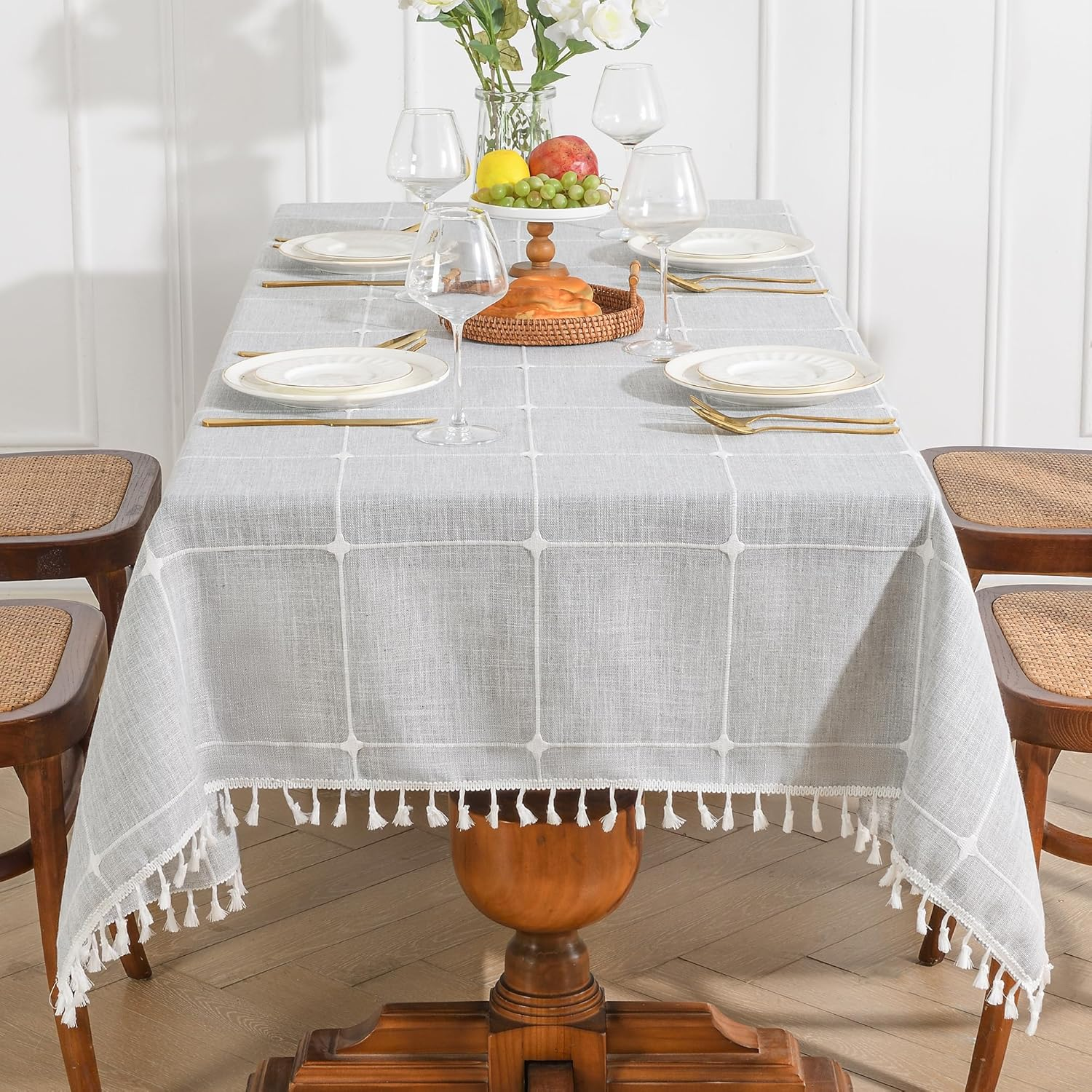 Oubonun Cotton Linen Rectangular Tablecloth - Wrinkle Resistant & Waterproof - Machine Washable Table Cloth with Tassels for Kitchen & Dining, 55''X102'', 8-10 Seats, Grey image number 6