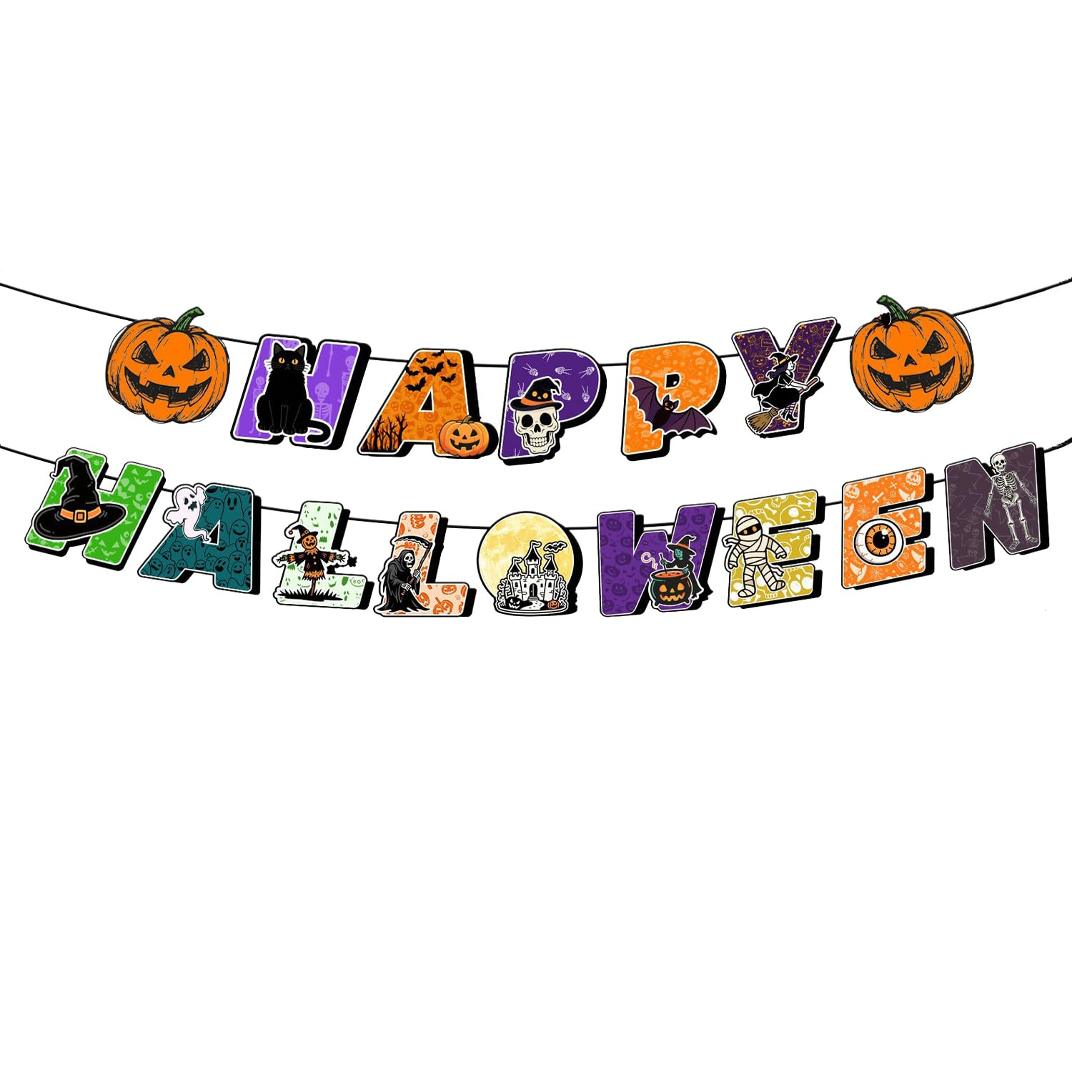Halloween Party Decoration Banner Set, Glitter Pumpkin Garland and Happy Halloween Letter Banner, Indoor Wall Decor (Colorful One) image number 3