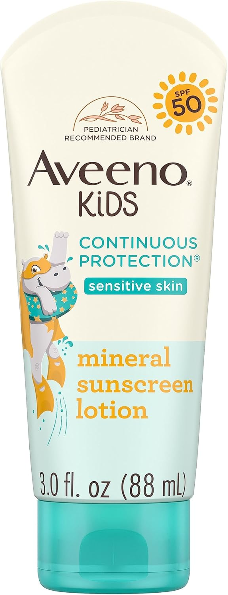 Aveeno Kids Continuous Protection Zinc Oxide Mineral Sunscreen Lotion for Children'S Sensitive Skin with Broad Spectrum SPF 50, Tear-Free, Sweat- & Water-Resistant, Non-Greasy, 3 Fl. Oz image number 2