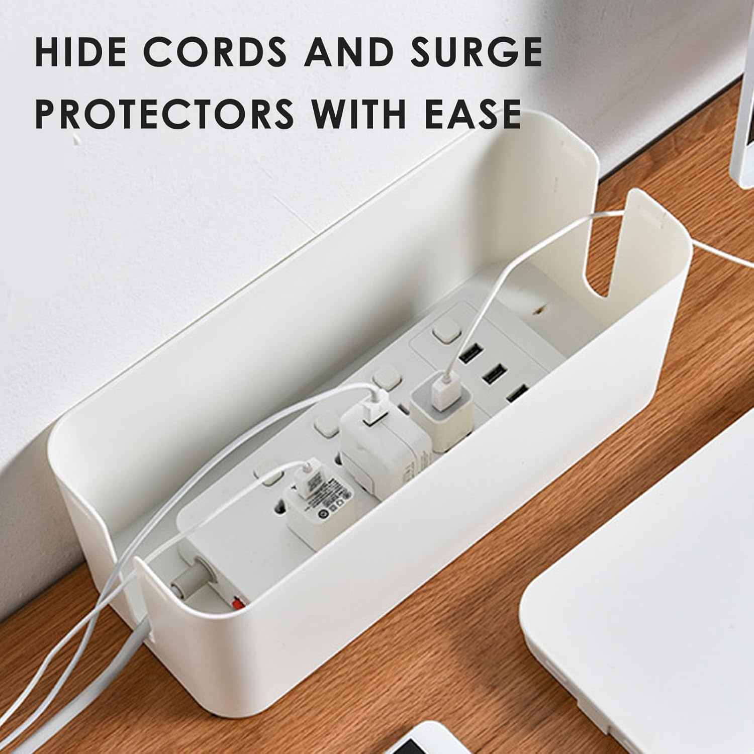 Cable Management Box Set of Two, Cord Organizer Box to Hide Surge Protector on Desk or Floor, TV Computer Wires Organizer Hider Box (White) image number 3