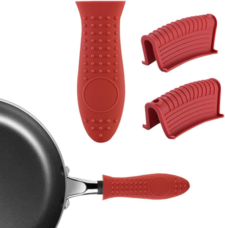 3 Pcs Silicone Assist Hot Pan Handle Holder, Non-Slip Pot Holder Sleeve, Kitchen Household Cast Iron Skillet Insulated Handle Cover for Frying Pans, Griddles(Red) image number 5