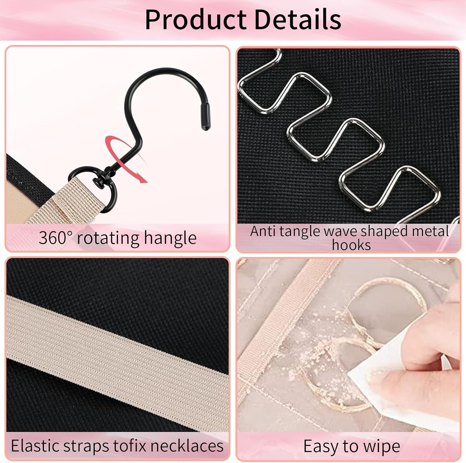 Hanging Jewelry Organizer with Rotating Metal Hook, 20 Pockets Earring Holder Organizer, Necklace Holder Anti-Tangle Earrings Rings Hanger, Double-Sided Jewelry Holder for Earrings Necklaces Ring (BK) - Pk image number 4