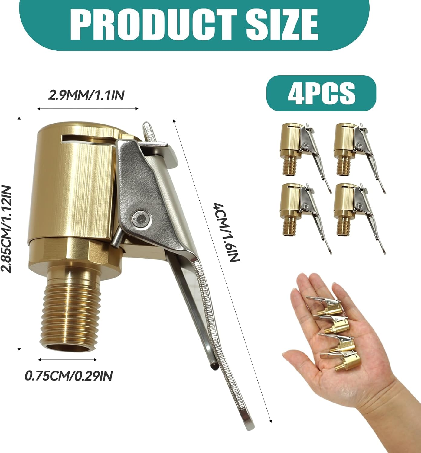 4 Pcs Tire Air Chuck with Clip Adapter, Brass Locking Tire Inflator Nozzle Adapter, Vehicle Inflator Compressor Pump Accessories Tool for Car Bike Motorcycle Air Hose 8Mm for Inflation image number 6