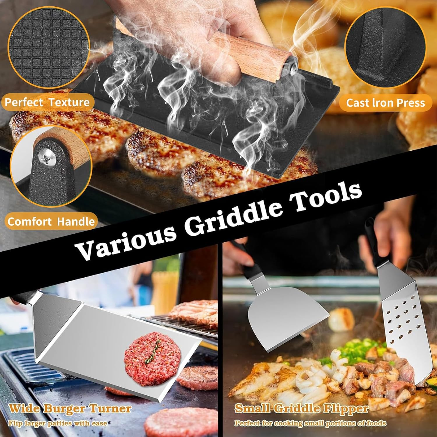 45 Pcs BBQ Kit, BBQ Utensils, Smoker Accessories, Stainless Steel BBQ Tools Set with 2 Basting Cover, Griddle Spatulas, Flat Top, Scraper, Meat Press for Outdoor, Camping, Backyard, Camping image number 5