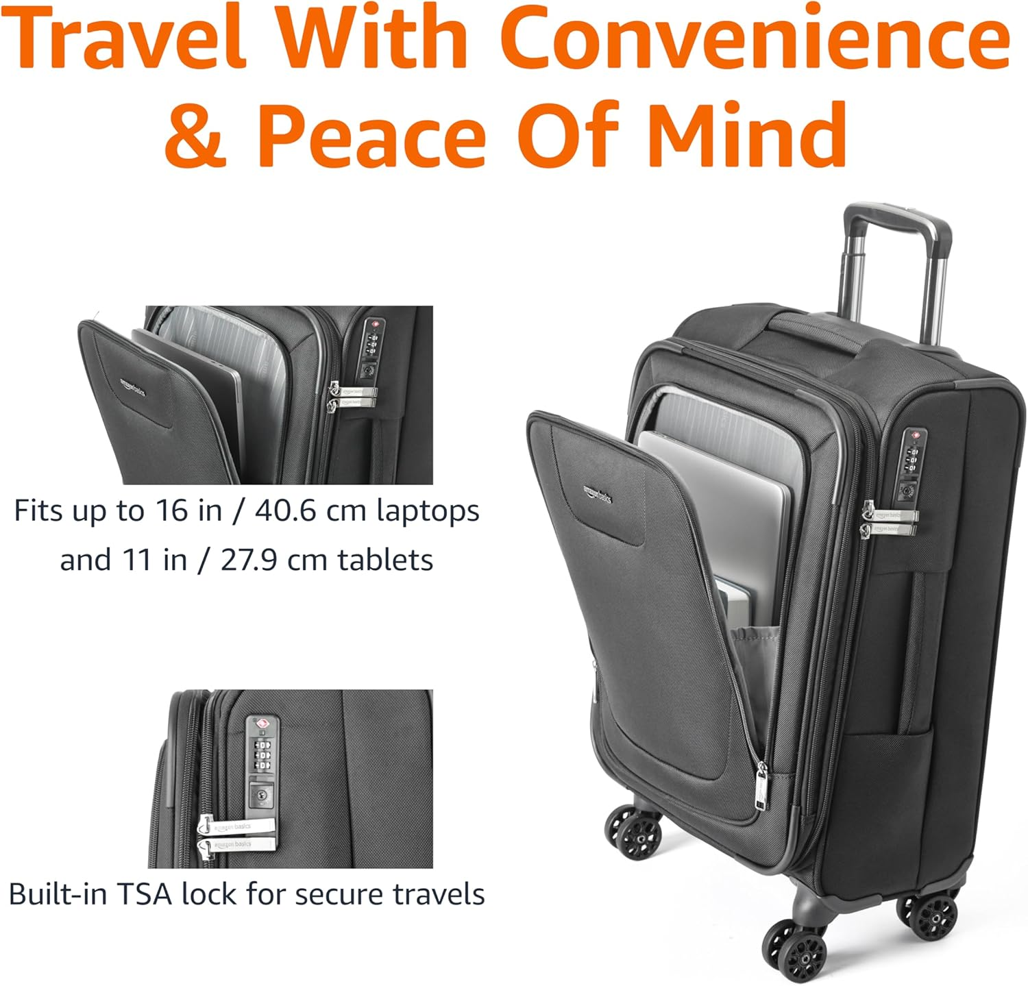 Amazon Basics 58Cm Luggage, Softside Suitcase with TSA Lock, 8 Spinner Wheels, Front Exterior Pocket, 3 Interior Pockets for Dry and Damp Clothes/Towels Separately, Black image number 4