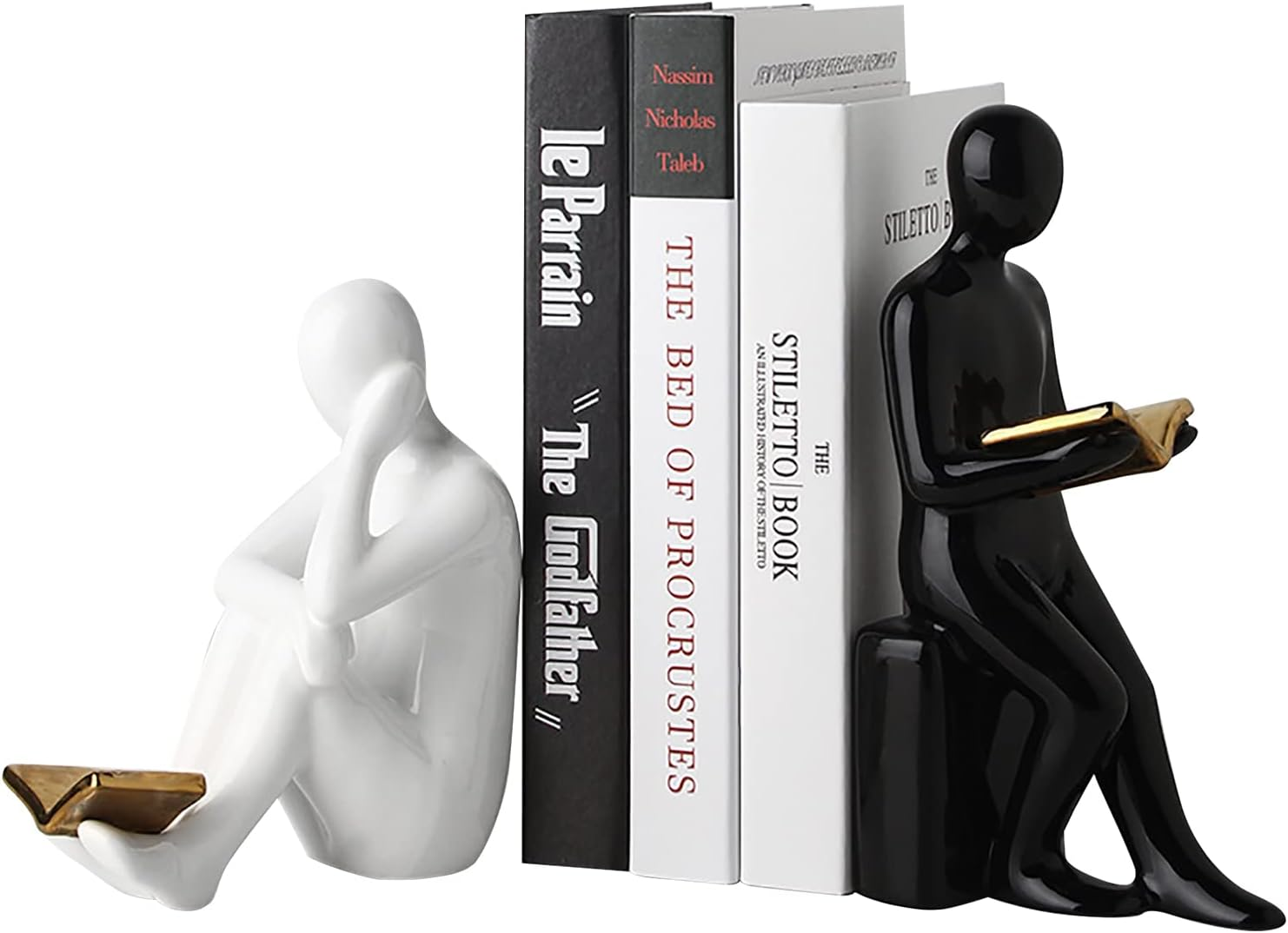 TOPSKY Modern Ceramic Bookends with 3 Decorative Books, Reading Statues, Book Sculpture, Book Statue, Book Figurine, Statue Art Sophisticated Decor for Shelves and Home (Black&White)