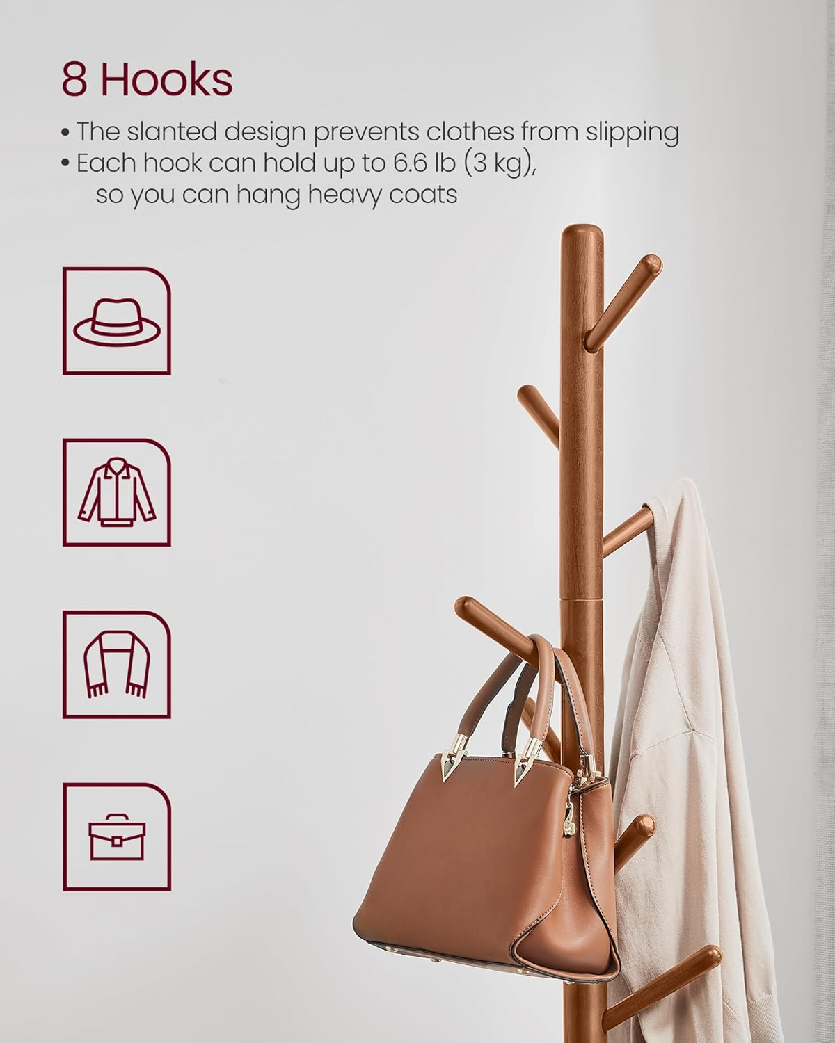 VASAGLE Solid Wood Coat Rack, Free Standing Tree-Shaped Coat Rack with 8 Hooks, 3 Height Options, for Clothes, Hats, Bags, Living Room, Bedroom, Home Office, Caramel Brown URCR01WN image number 2
