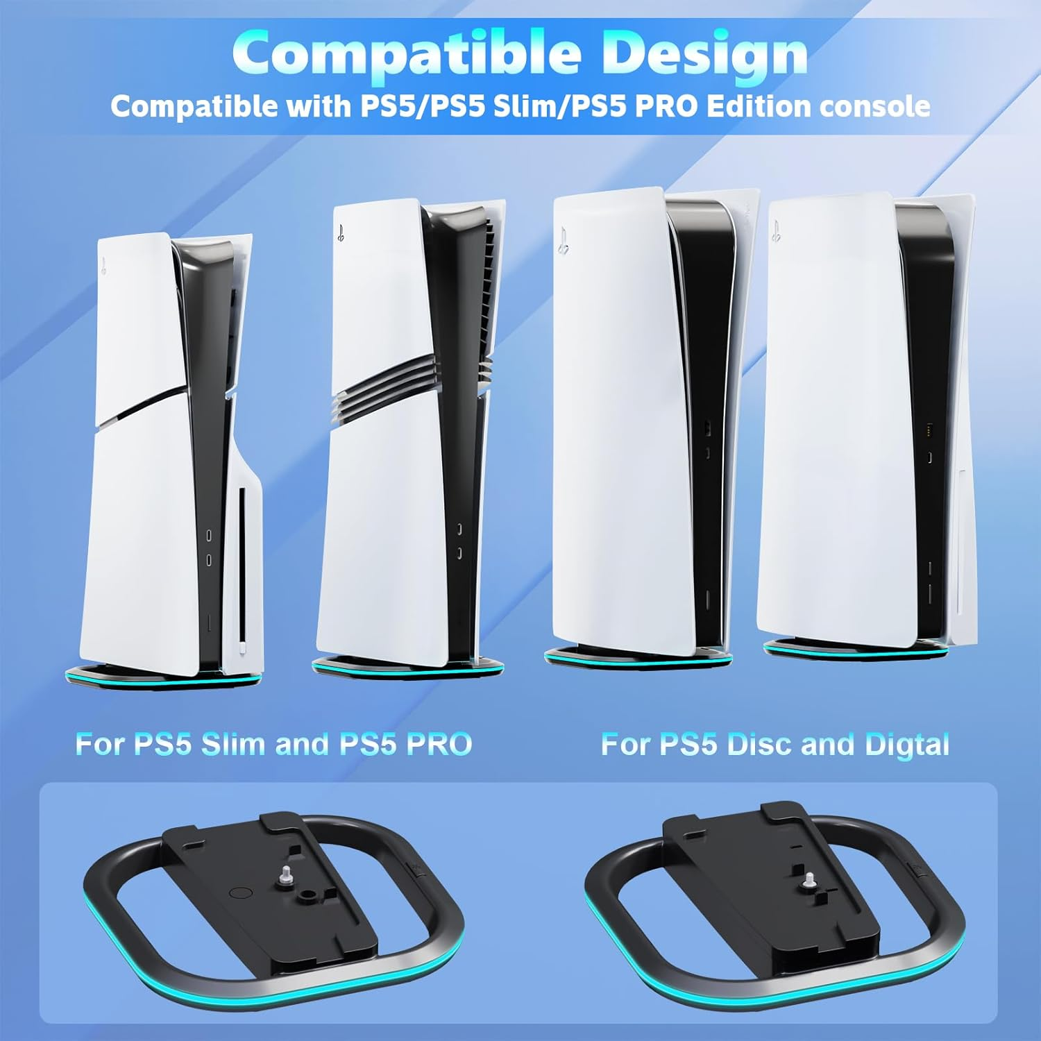 HONCAM Vertical Stand for PS5/PS5 Slim/Ps5 Pro Consoles, Playstation 5 Vertical Stand with 7 RGB Lights for PS5 Digital/Ps5 Disc, PS5 Slim Digital/Ps5 Slim Disc with Screw, Black image number 4