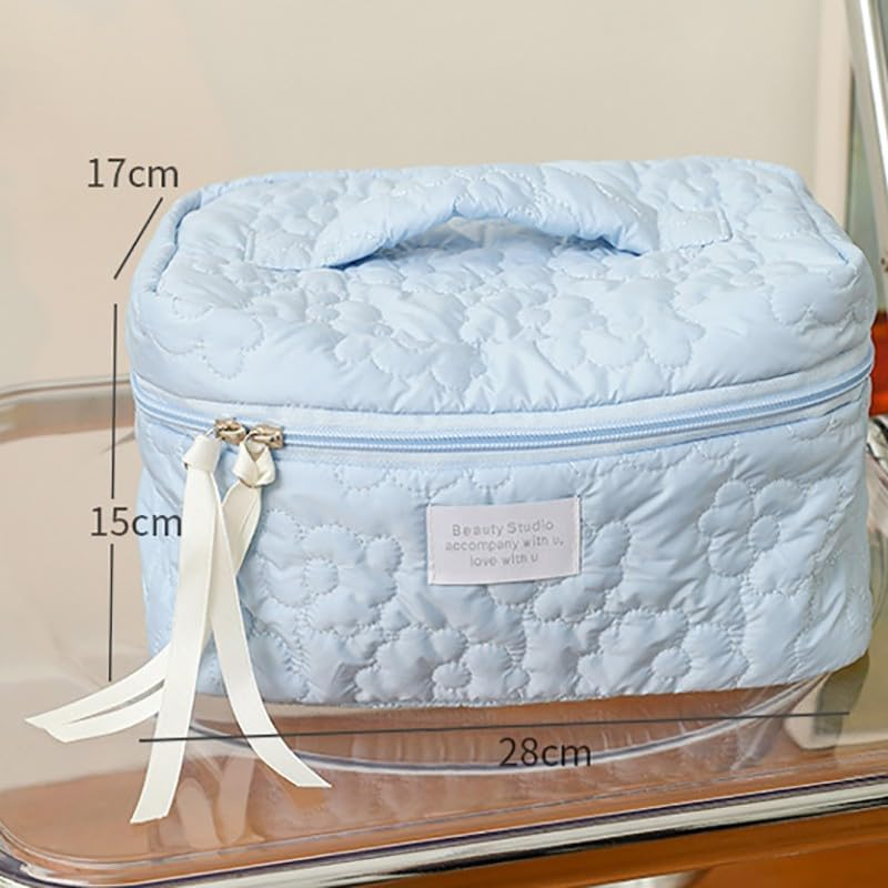 Floral Quilted Makeup Bag with Zipper - Multifunctional Cosmetic Pouch for Storage and Organization - Toiletry and Beauty Essentials Carrier, Perfect for Travel and Daily Use - Blue (28X15Cm) image number 4