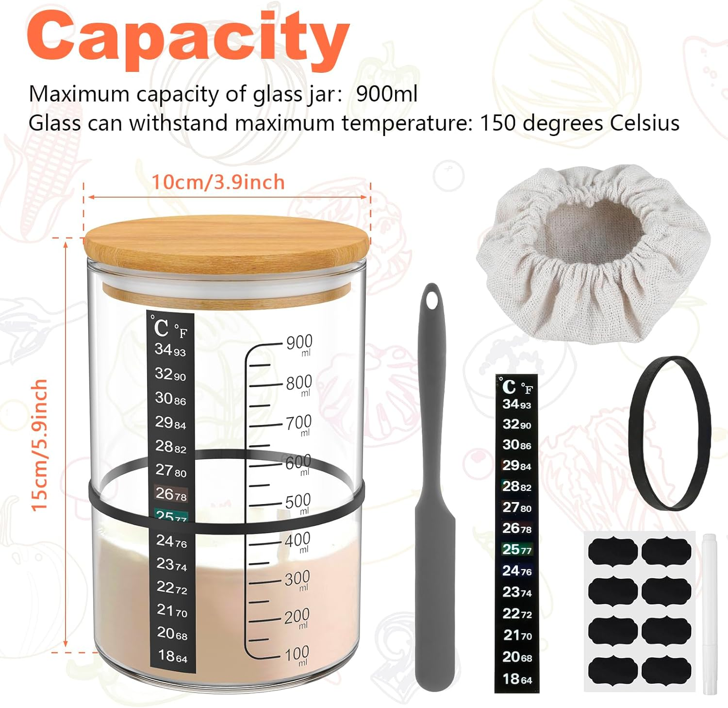 6Pcs Sourdough Starter Jar Kit 900Ml 25.7Oz Heat Resistant Sourdough Starter Container with Lid Spatula Thermometer Strip Rubber Band Label Sheet Pen Cloth Cover for Bread Baking (Style-1) image number 1