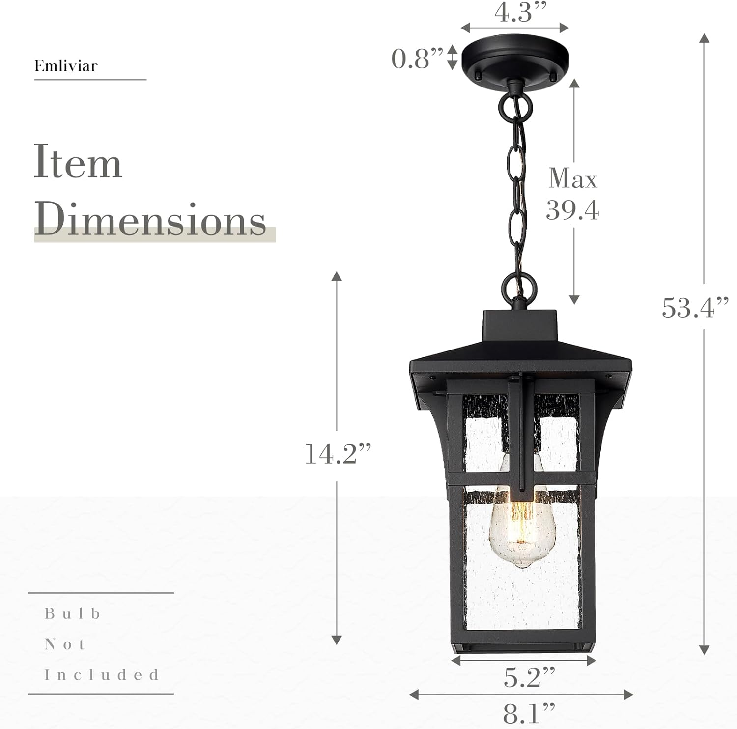 EMLIVIAR Exterior Ceiling Pendant Light for Hallway Porch, Modern Outdoor Hanging Light, Black Finish with Seeded Glass, AUX05H BK image number 1