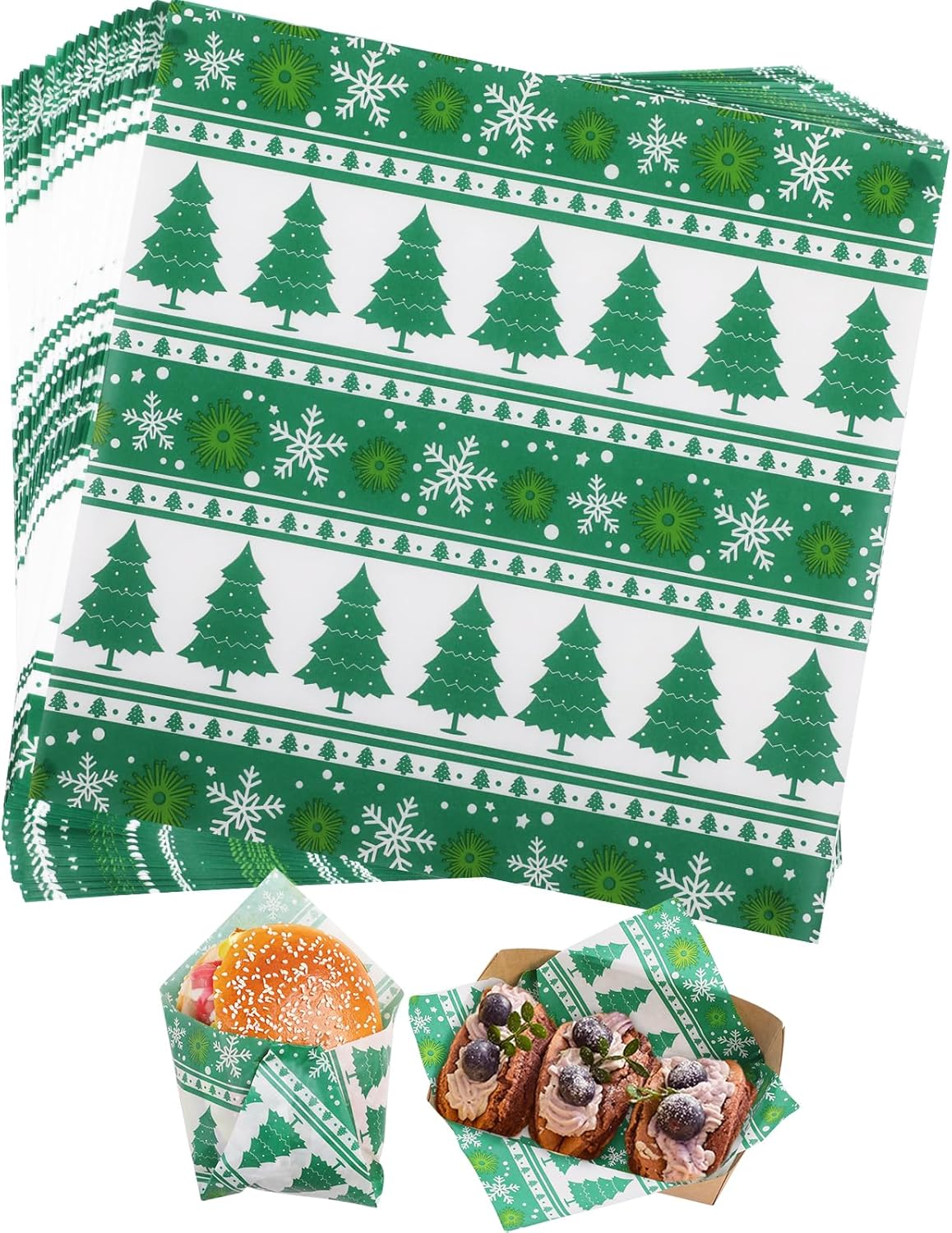 100 PCS Deli Paper Sheets 7X7 Inch, Christmas Decoration Food-Grade Greaseproof Paper Food Basket Liners for Sandwiches, Burgers, Fries Wrapping Paper Sheets Green Christmas Tree Snowflake