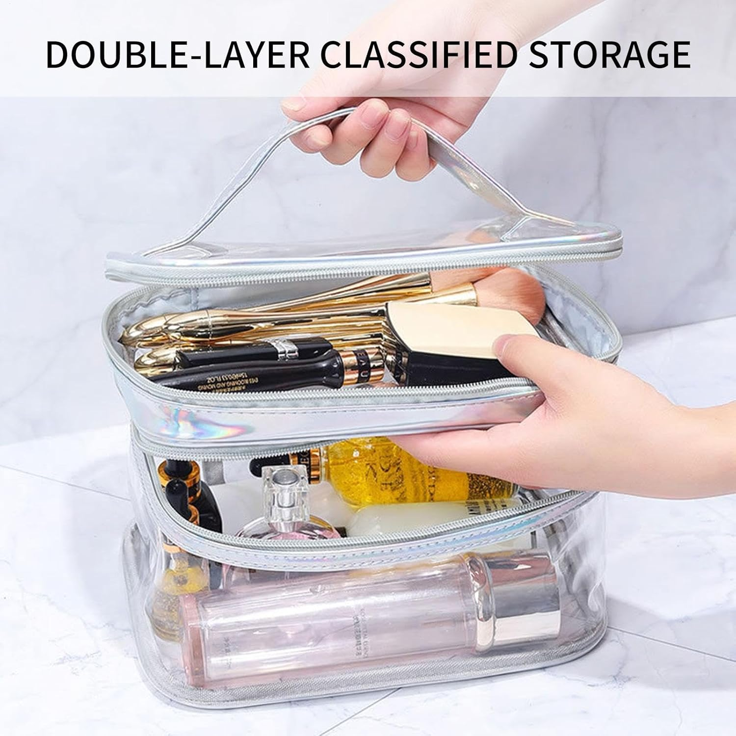 Double Layer Clear Cosmetic Bag Double Layer Clear Cosmetic Bag Transparent Large Cosmetic Bag, Silver, Siehe Beschreibung, See Description - Silver image number 6