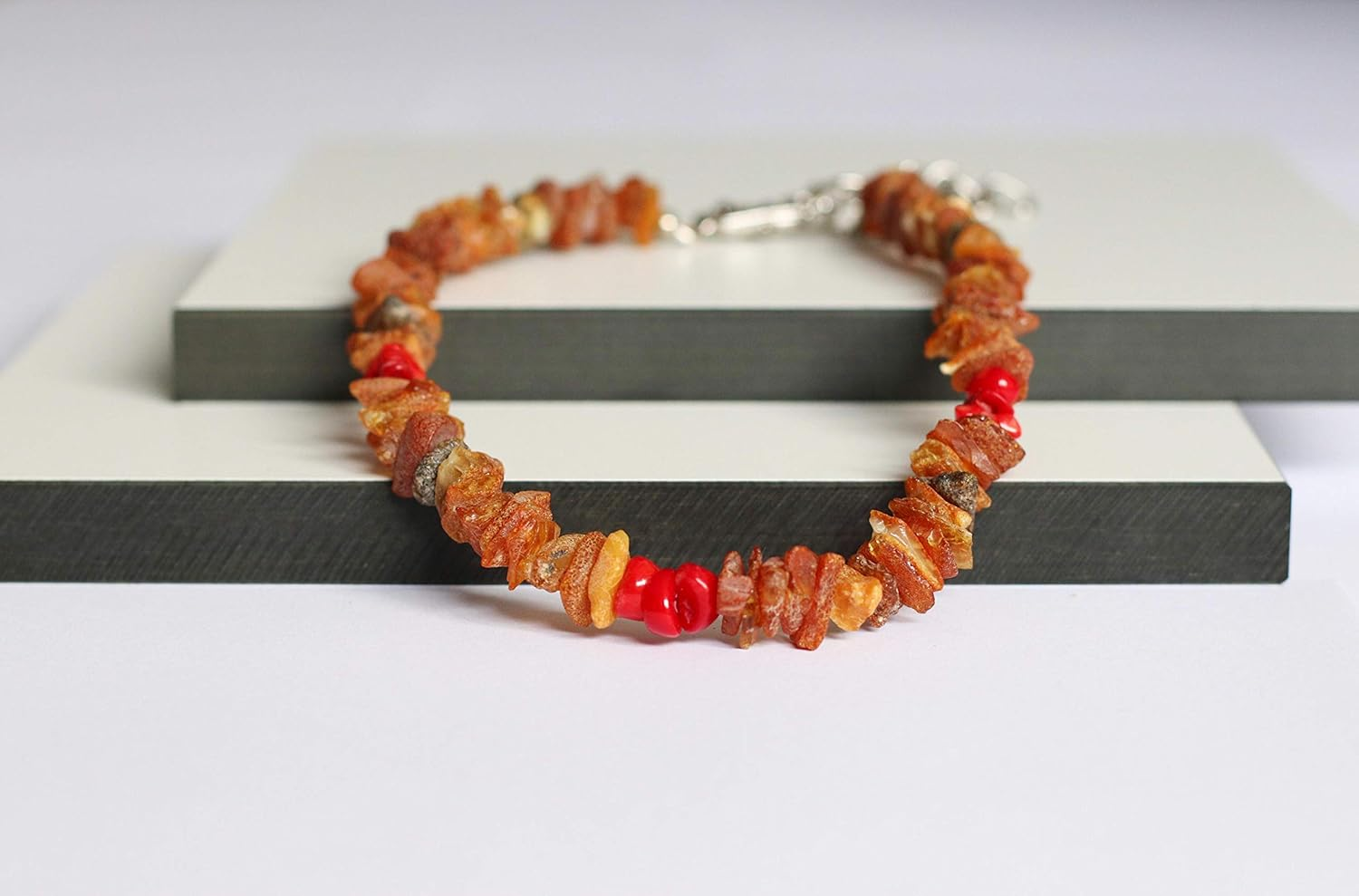 Amber-Us Amber Necklace for Dogs Made of Raw Baltic Amber Decorated with Red Coral | Tick Collar | Amber against Ticks | Ticks and Flea Protection Collar (40-45 Cm)