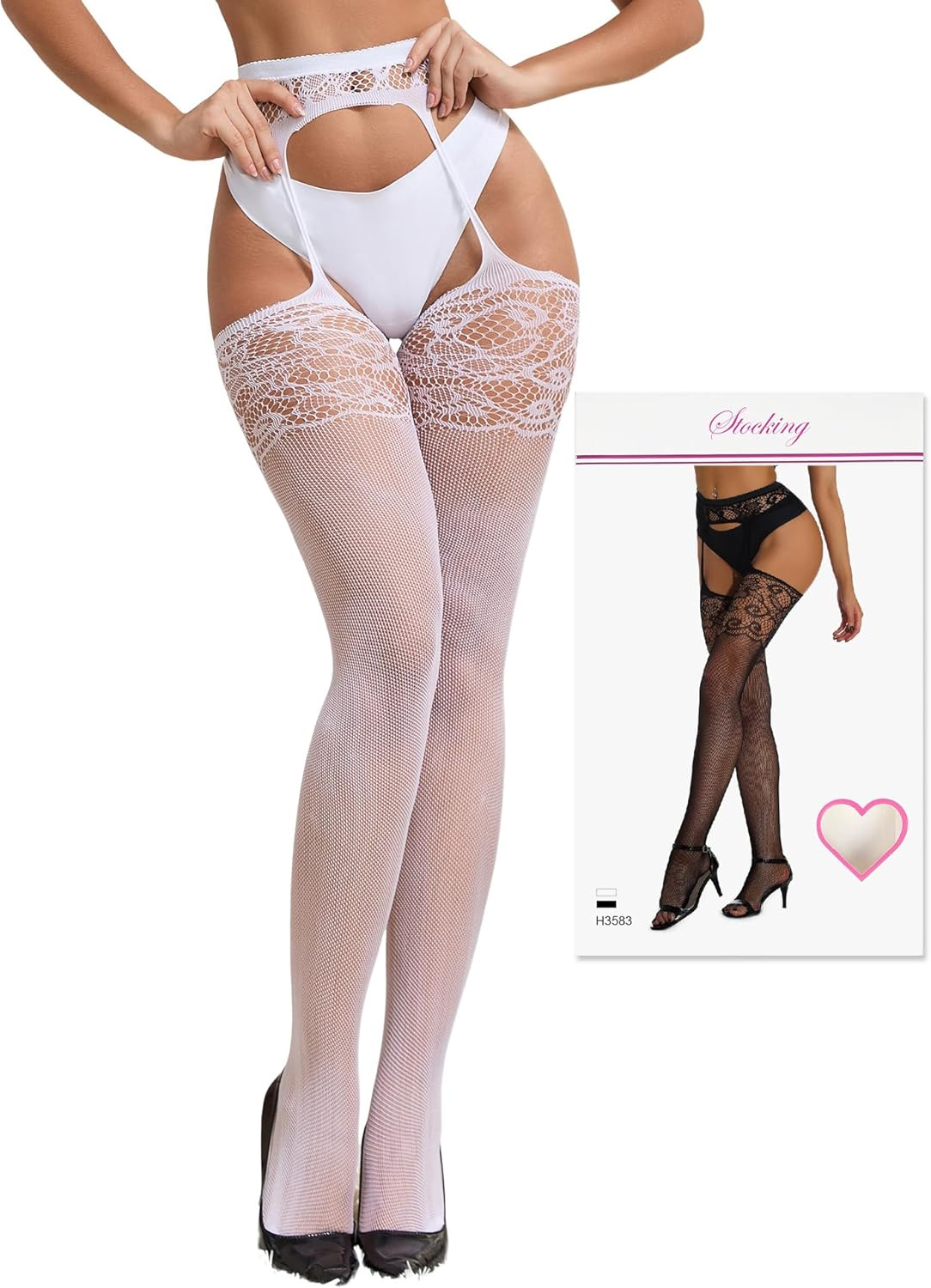 Ohmydear Lace Patterned Fishnet Tights for Women High Stretchy Pantyhose Sexy Thigh High Stockings image number 6