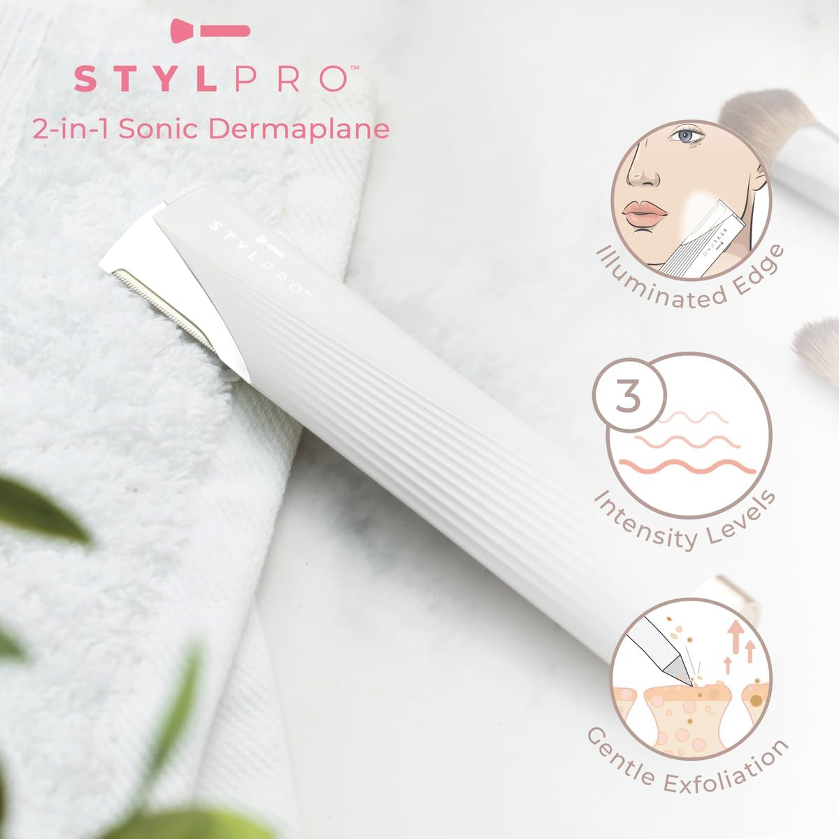 STYLPRO 2 in 1 Sonic Dermaplane & Trimmer: Lighted Edge Rechargeable Cordless Travel Friendly Eyebrow Peach Fluff Bikini Line Pain Free Exfoliation with 3 Vibration Levels image number 3