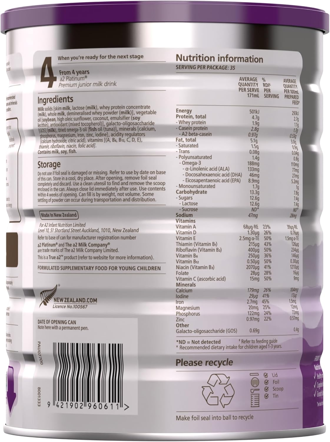 A2 Platinum Premium Toddler Milk Drink Stage 3 from 1 Years - 3 Years 900G image number 2