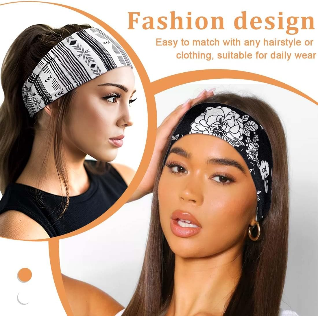 KEMUZ Pack of 6 Women'S Sports Headbands, Non-Slip & Breathable Hair Bands with Leopard Boho Print Headbands, Black Headbands, Thin Headband for Yoga, Running, Gym and Summer Hair Accessories