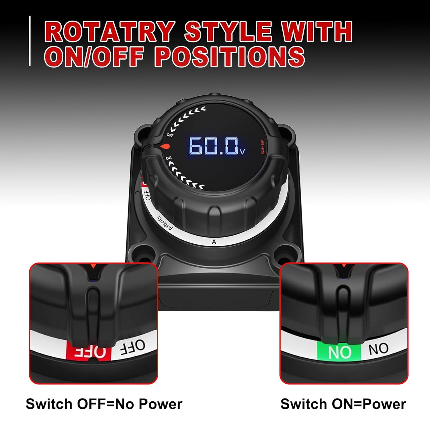 Upgrade Battery Disconnect Switch with Digital Voltage Display, DC 5-60V, Power Master Isolator Cut off Switch for Car Truck Marine Boat RV Camper Trailer, Black (On/Off) image number 2