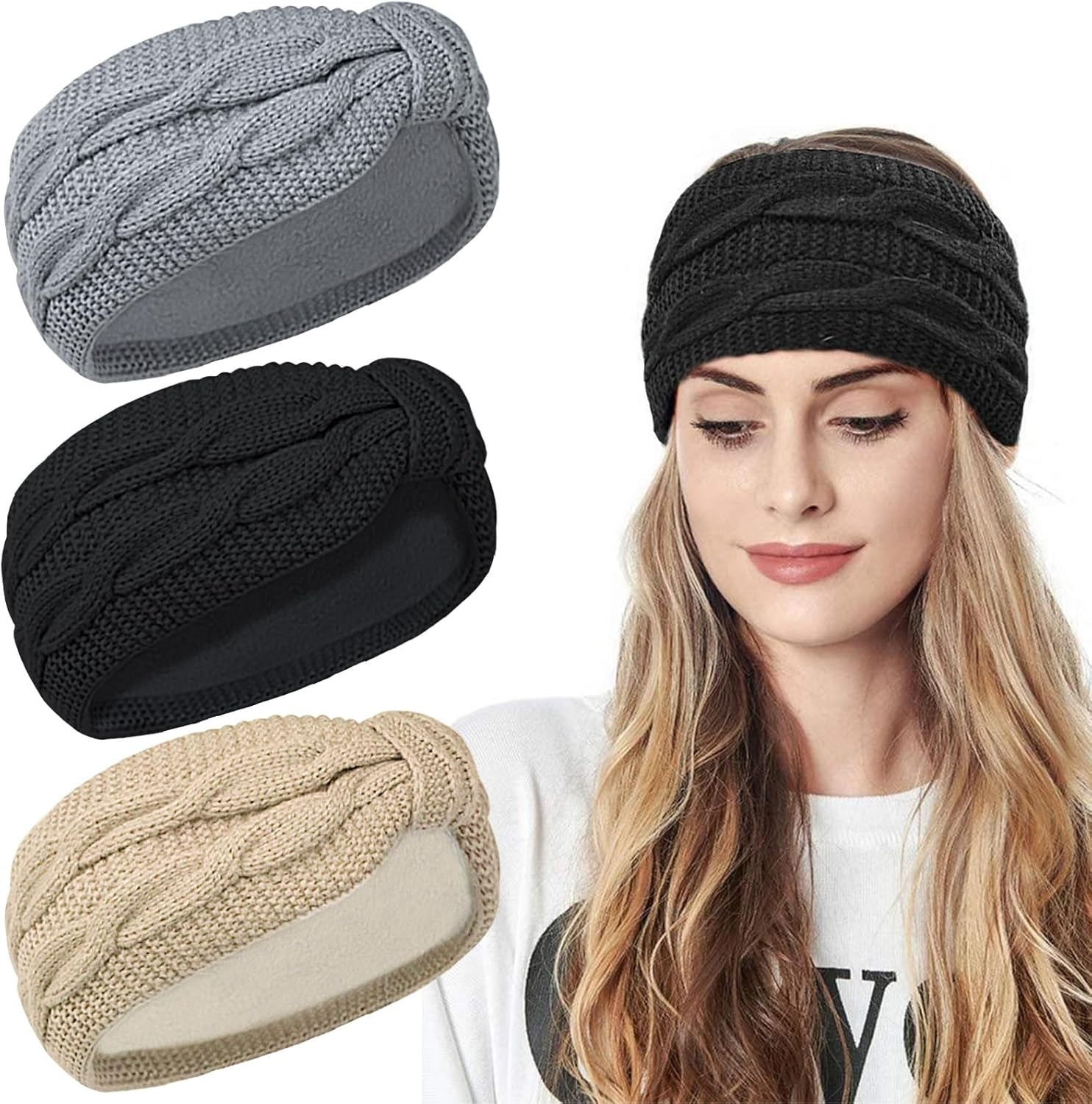 Kavya 3 Pcs Winter Cable Knit Headbands, Ear Warmer Headband for Women Thick Hair Bands for Women, Crochet Knitted Head Bands Adult Women Soft Head Wrap-A image number 1