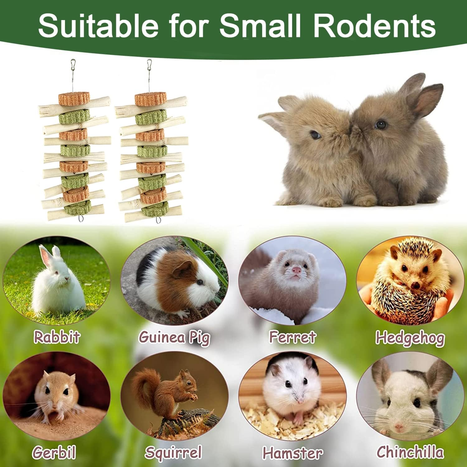 AMOMYDOG Rabbit Accessories, Pack of 2 Natural Rabbit Chew Toy, Cute Bamboo with Natural Grass Cake, Carrot Molar Toy for Rabbits, Guinea Pigs, Hamsters, Small Animals (Grass Cake) image number 5