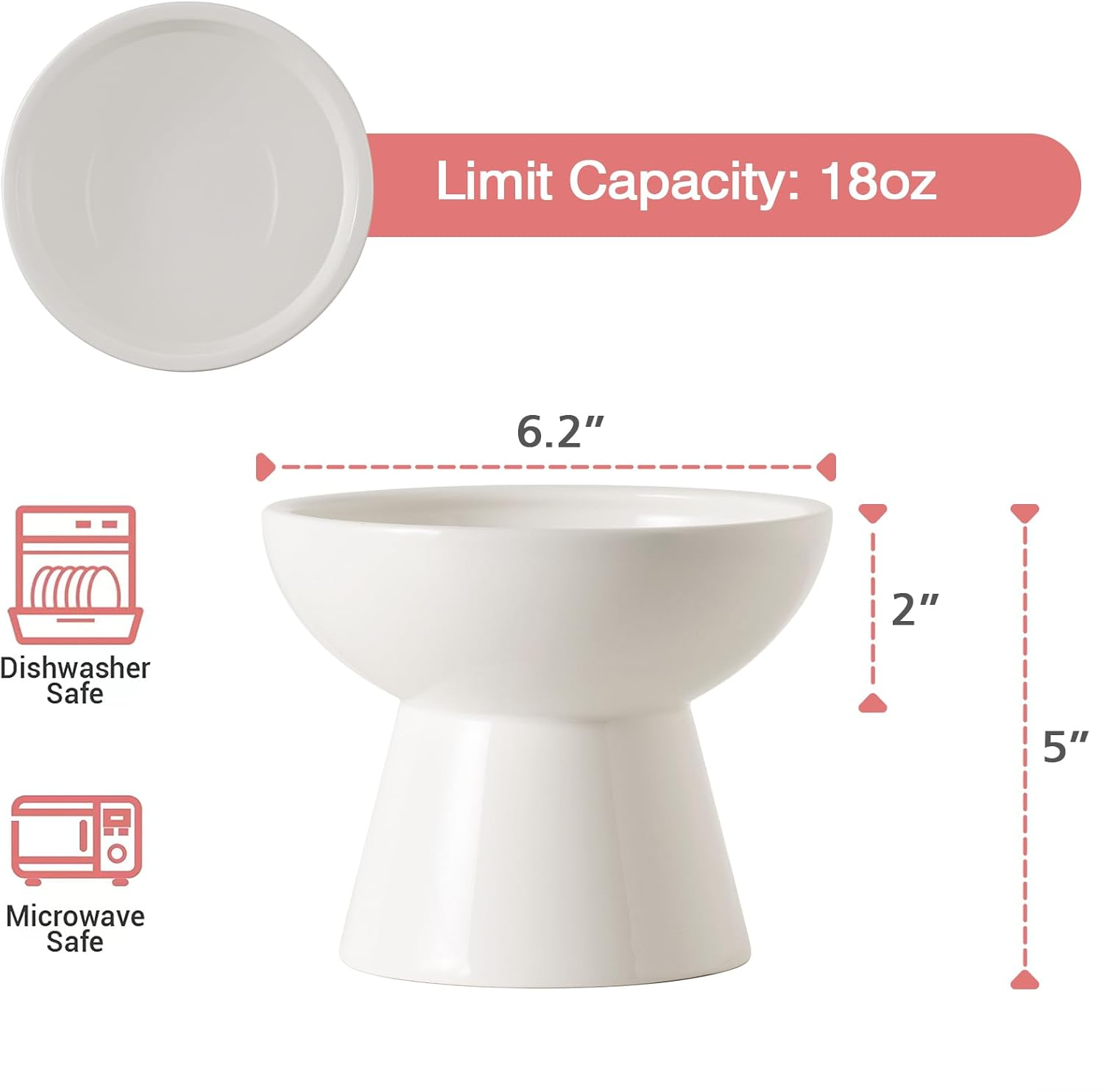 CEEFU Extra Wide, Raised Ceramic Cat Water Bowl, 6.2" Deeper Bowl for Whisker Relief, 5" Height for Easy Feeding, Lead and Cadmium Free, Durable, Raised image number 4