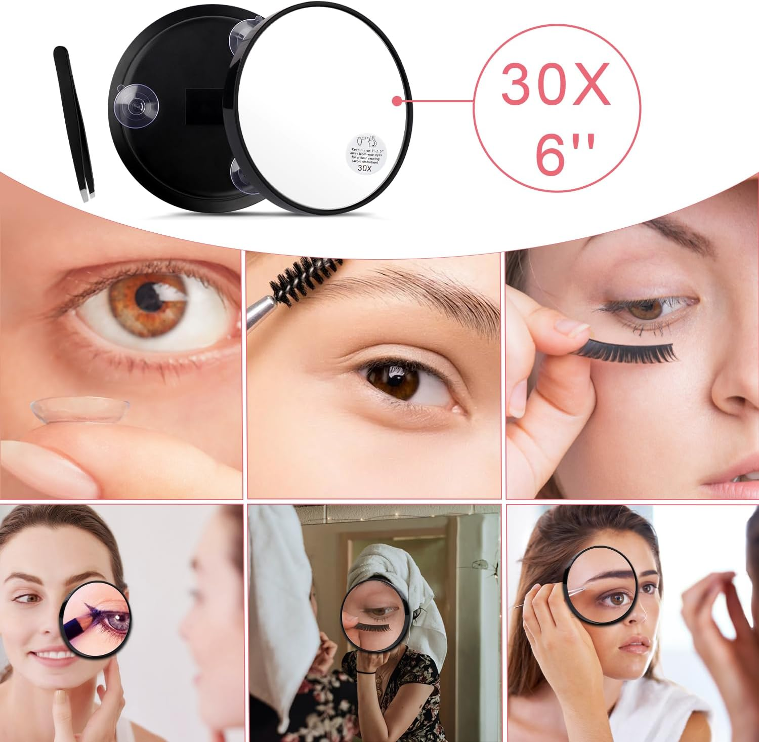 NQEUEPN 30X Magnifying Mirror, 6 Inch Portable Black Magnifying Mirror with Suction Cups and Tweezers Makeup for Bathroom Travel Wall image number 5