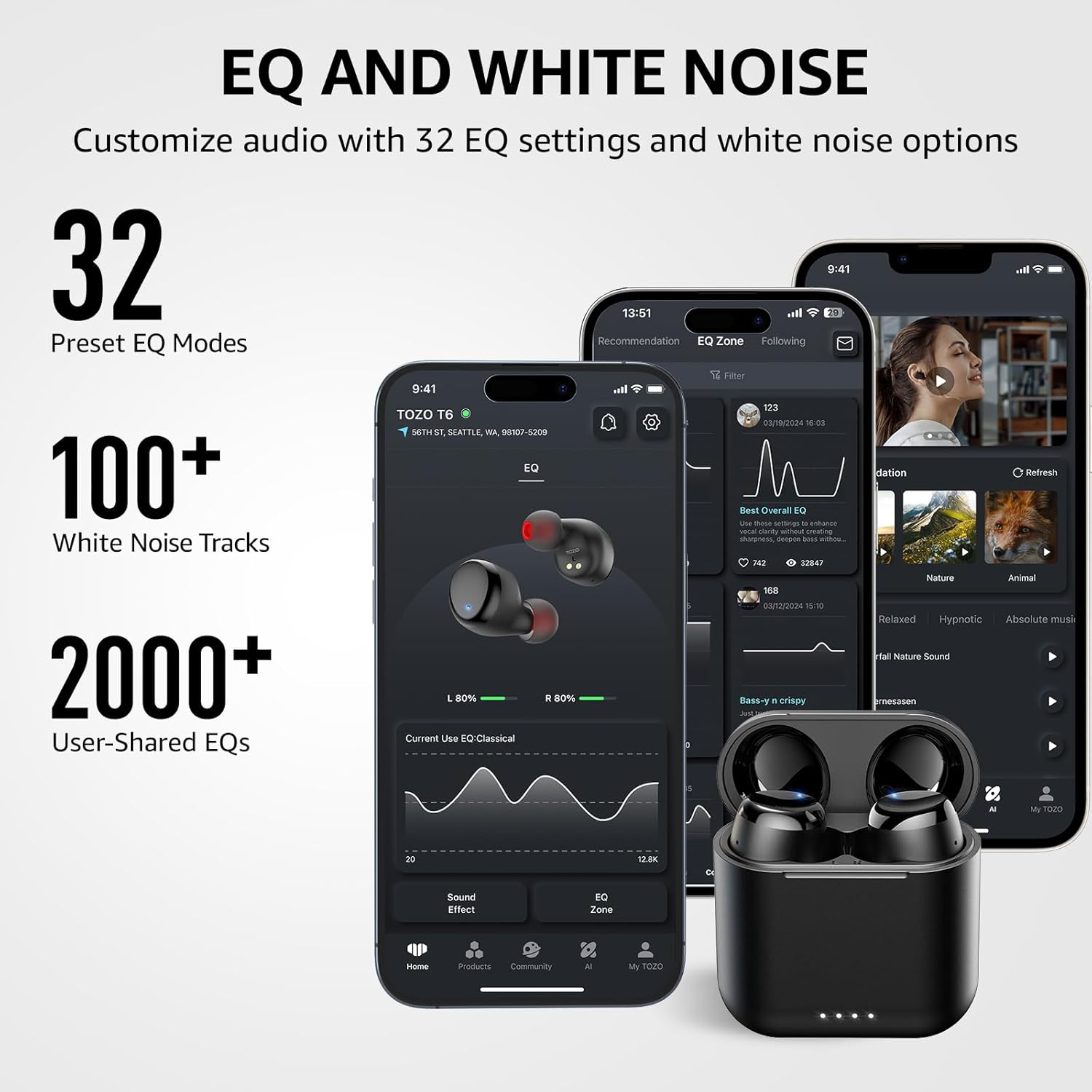 TOZO T6 Wireless Earbuds Bluetooth 5.3 Headphones, Ergonomic Design In-Ear Headset, 50Hrs Playtime with Wireless Charging Case, APP EQ Customisable, IPX8 Waterproof, New Version image number 1