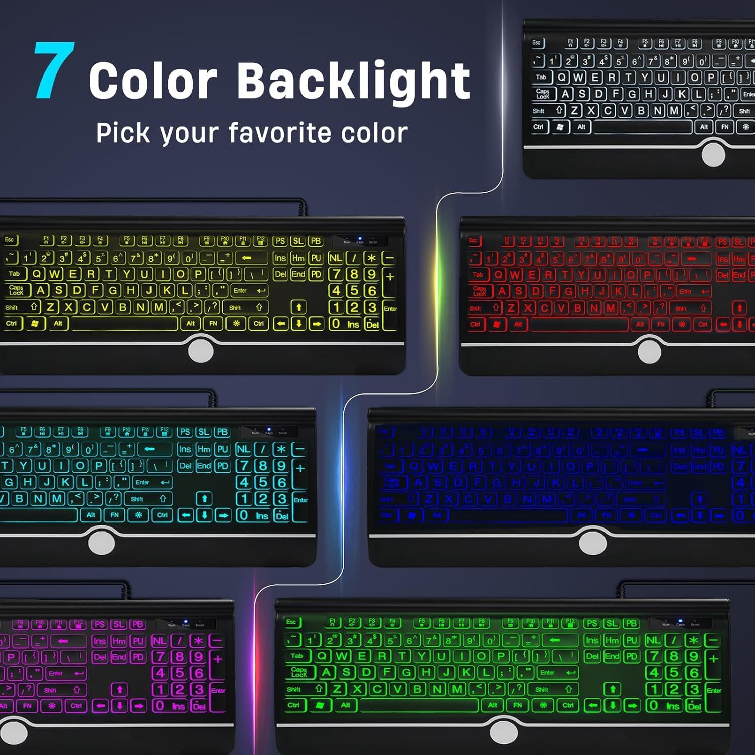Large Print Backlit Computer Keyboard, 7-Color Backlit Keyboard with Wrist Rest, USB Plug-And-Play, Oversize Letters Keys Easy to See and Type, Wired Light up Keyboard for Laptop, PC, Gaming (Large) image number 1